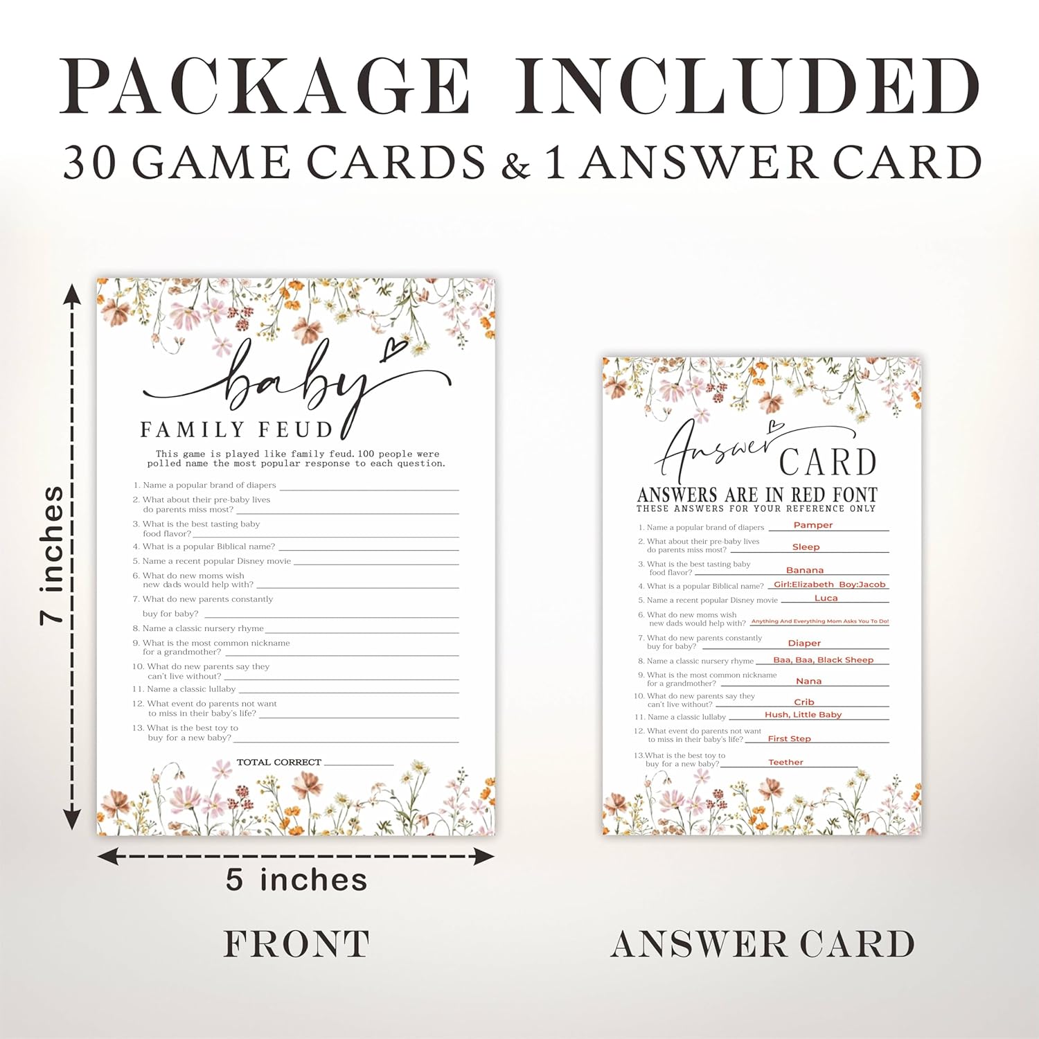 Baby Shower Game Cards, 30 Double-Sided Game Cards & 1 Answer Cards, Baby Announcement, Family Feud Game Cards, Spring Flower, Gender Reveal Party Favor, Activity - C08