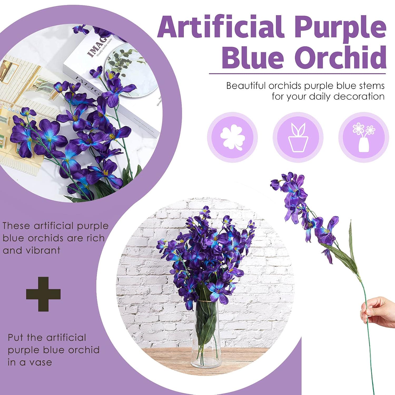 8 Pieces 27 Inches Artificial Purple Blue Orchid Faux Flowers Purple Orchids Silk Flowers For Wedding Dinning Home Restaurant Decoration Bridal Bouquet Corsage Boutonniere Wreath Decor