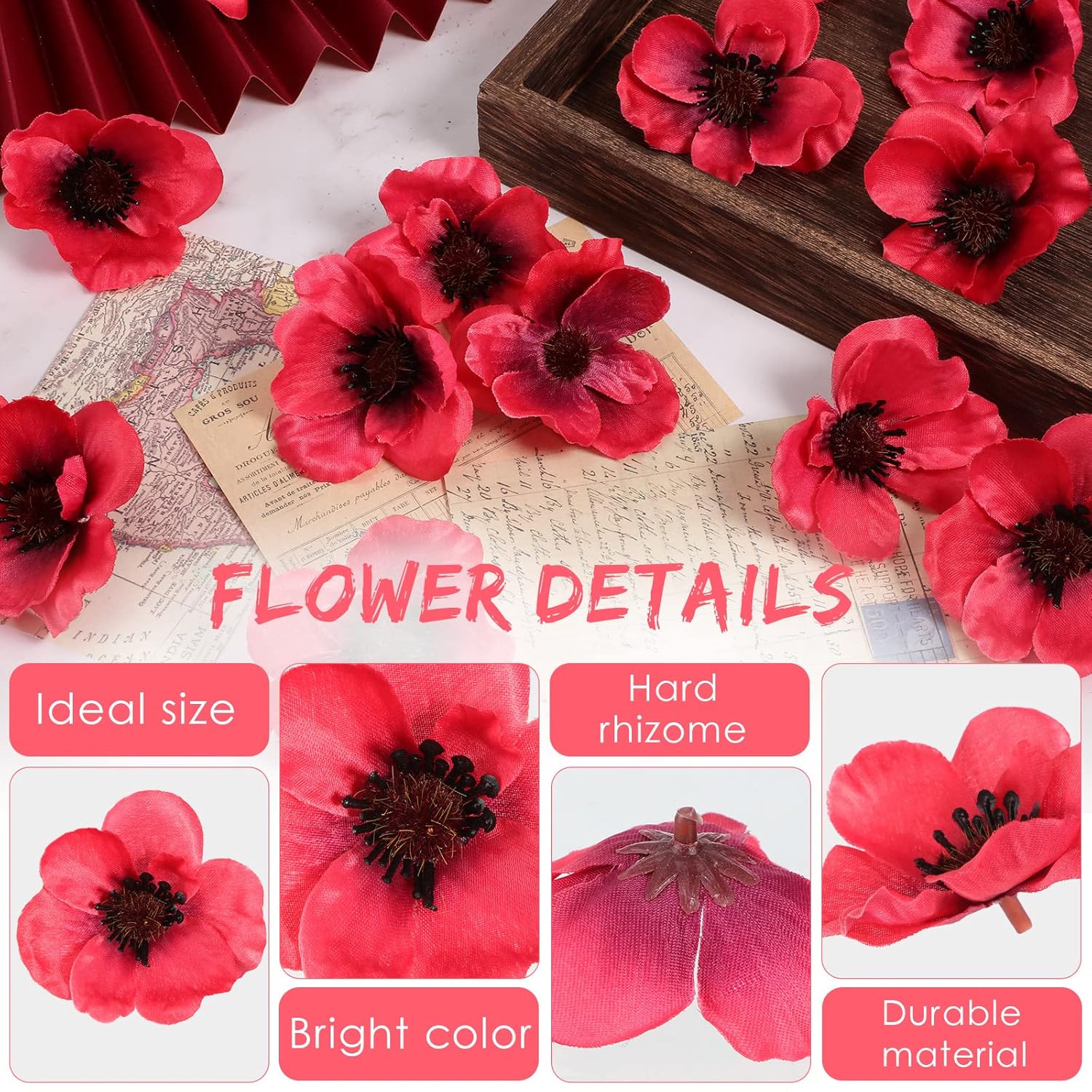 30 Pieces Artificial Poppies Flowers Red Poppy Artificial Silk Faux Stemless Flowers Head For Memorial Day Veterans Day Wedding Home Decoration Bouquet Corsages Party Centerpiece