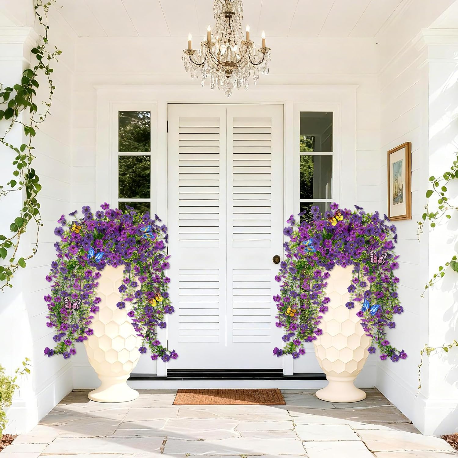 2 Packs Outdoor Artificial Hanging Flowers With 3D Magnetic Butterflies, Uv Resistant Faux Silk Blooms For Spring Summer Porch Patio Balcony Decor, Violet & Purple