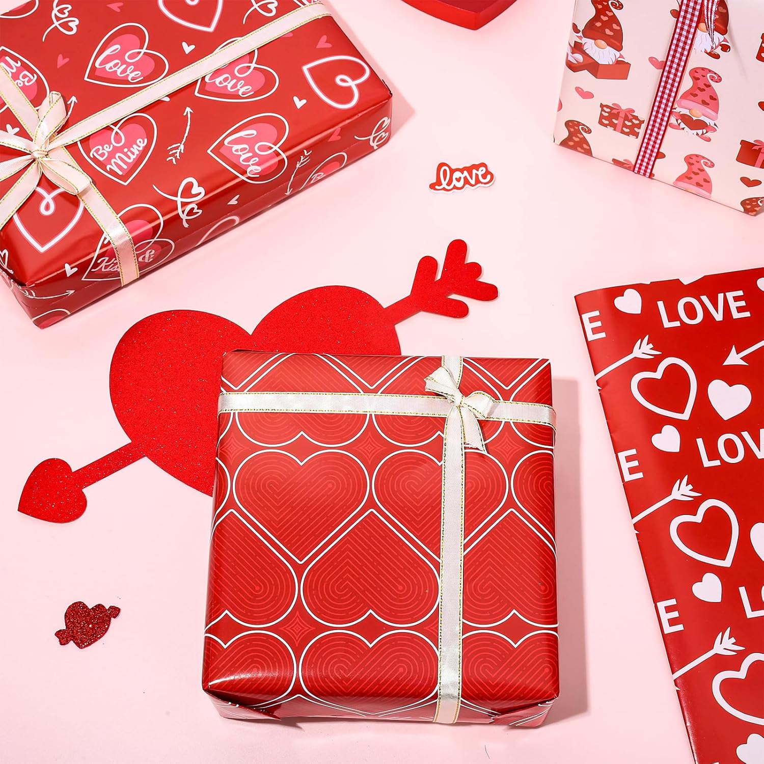 12 Sheet Valentine’S Day Wrapping Paper Love Heart Gnome Fingerprint Gift Wrap Paper Folded Flat Red Diy Craft Art Paper For Birthday Wedding Party Supplies, 19.7 X 27.6 Inch