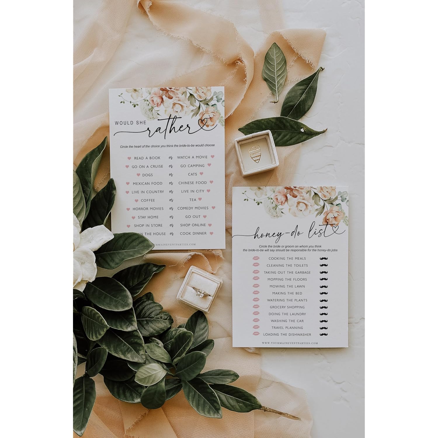 50 Pack Of Bridal Shower Games, Honey-Do-List And Would She Rather Floral Modern Minimalistic Design.