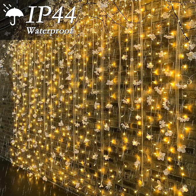 300 LED Curtain String Lights 9.8FT x 9.8FT Warm White Plug In Fairy Lights with Remote Dimmable Timer 8 Modes for Wedding Decor