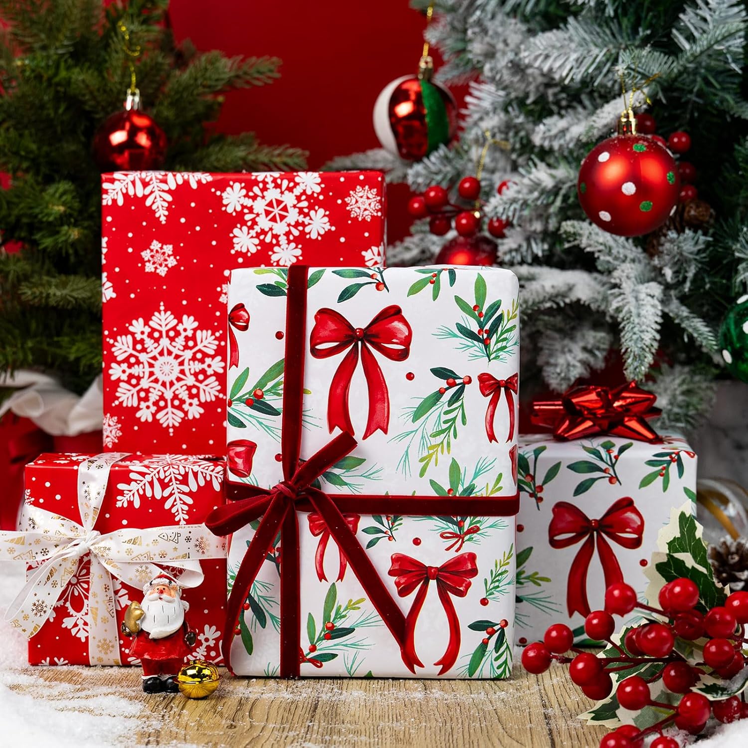 Christmas Wrapping Paper Roll, Red And Green Wrapping Paper, Reversible Elegant Watercolor Holly, Bow, Snowflake Christmas Themed Holiday Gift Wrap For Winter Celebrations (17 Inch X 33 Feet)
