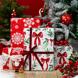 Christmas Wrapping Paper Roll, Red And Green Wrapping Paper, Reversible Elegant Watercolor Holly, Bow, Snowflake Christmas Themed Holiday Gift Wrap For Winter Celebrations (17 Inch X 33 Feet)