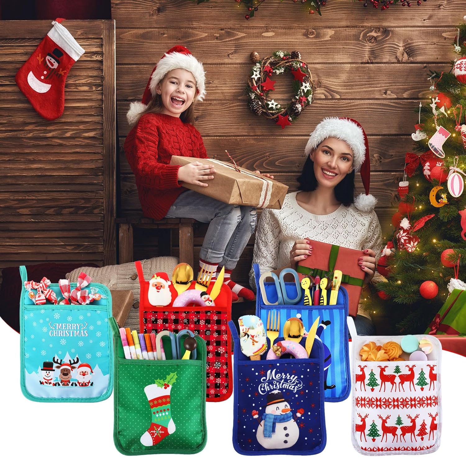 12 Pcs Christmas Pot Holders With Pocket Funny Pot Holders For Kitchen Hot And Oven Mitts Holiday Potholder Neighbor Gift Cookie Bag For Coworker Teacher Baking Cooking(Christmas, Red)