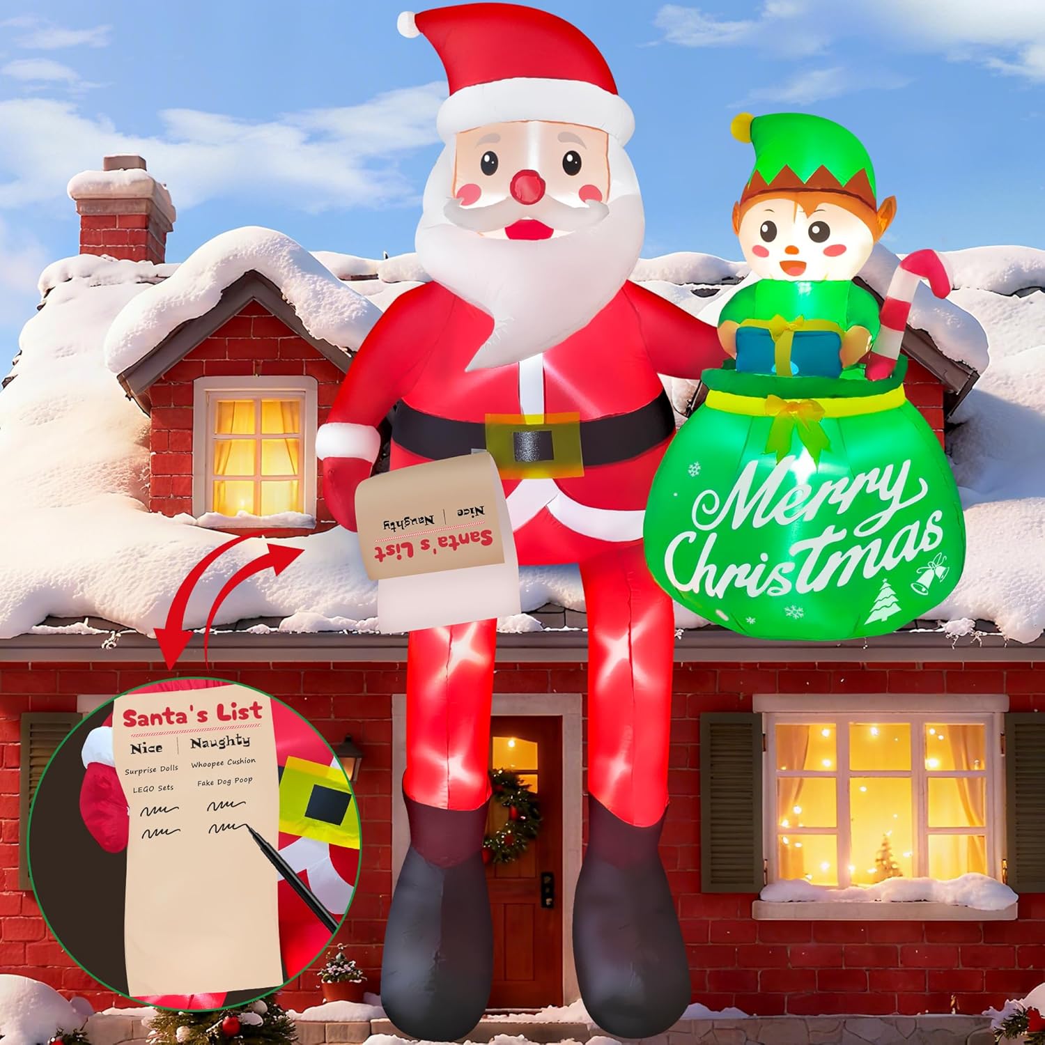 10Ft Christmas Inflatable Santa Claus Outdoor Decorations, Climbing Santa Inflatable Yard Decor With Elf & Built-In Leds