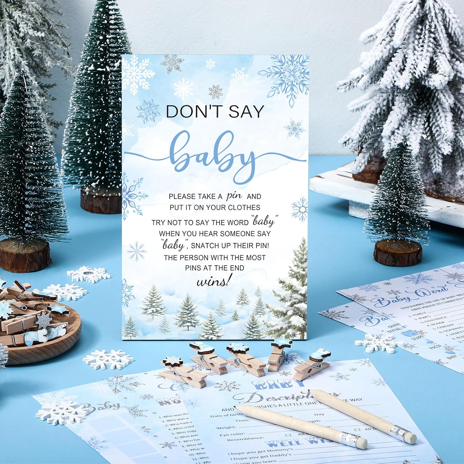 321 Pcs Blue Snowflake Baby Shower Game Supply For Girl Or Boy 5 Set Include 50 Activity Card 20 Pencil 1 Don'T Say Baby Sign 50 Clothespin For Price Is Right Prediction Bingo Game Party Decor