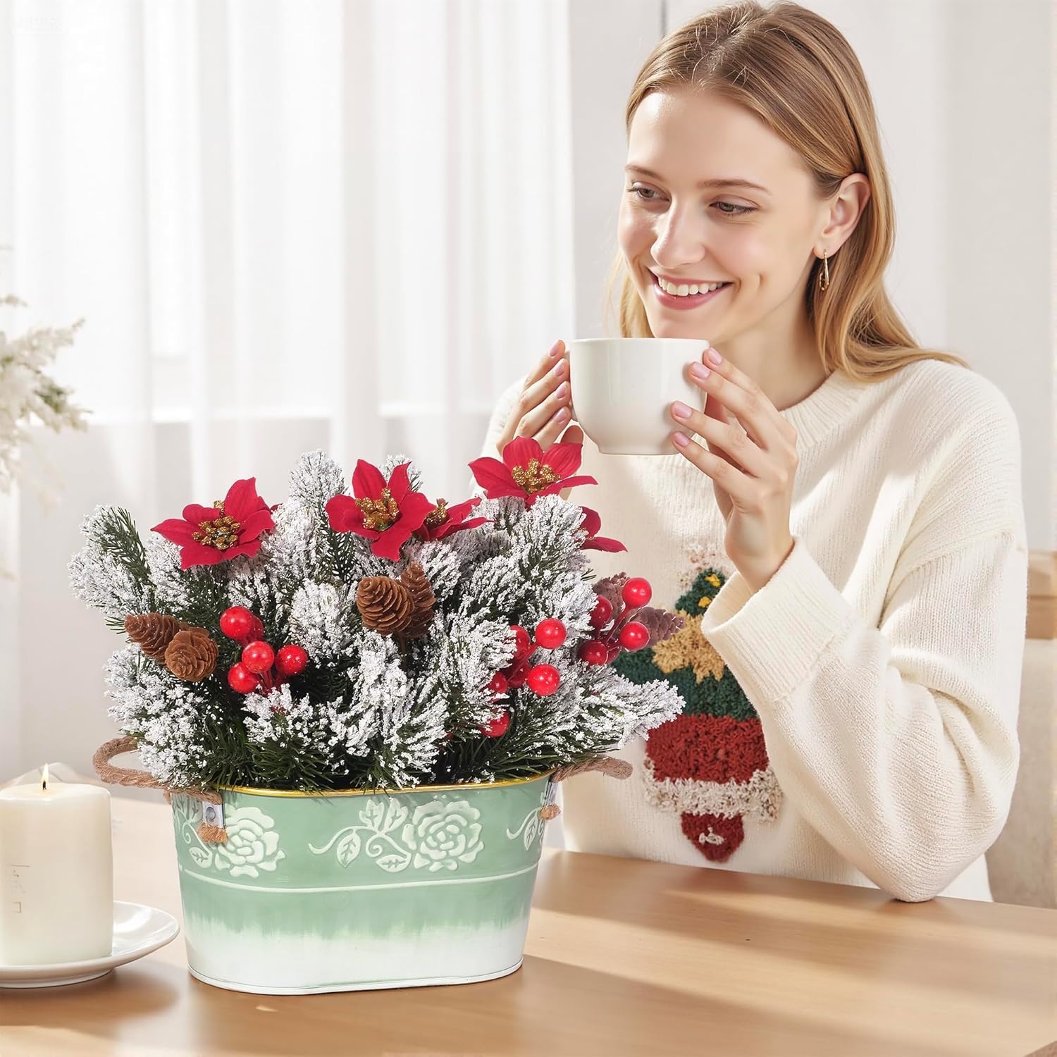 Christmas Table Centerpiece With Artificial Red Poinsettias, Snowy Norfolk Pine, Berries & Pine Cones – Lifelike Holiday Floral Arrangement In Green Metal Planter For Xmas Table Decoration