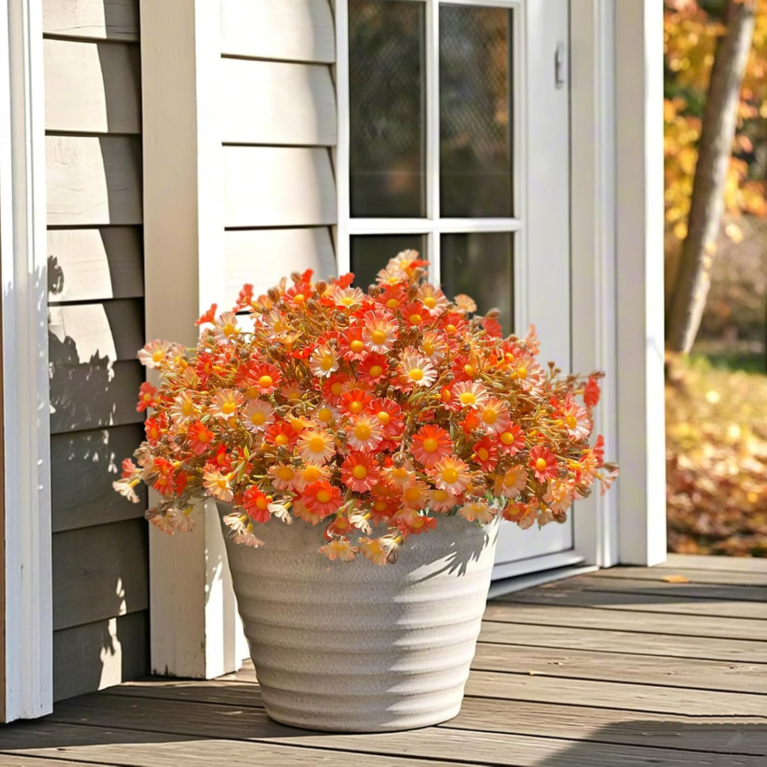 12 Bundles Uv Resistant Artificial Fall Flowers Fake Mums Realistic Silk Daisy Plastic Faux Autumn Plants For Outdoor Garden Courtyard Patio Decor (Orange)