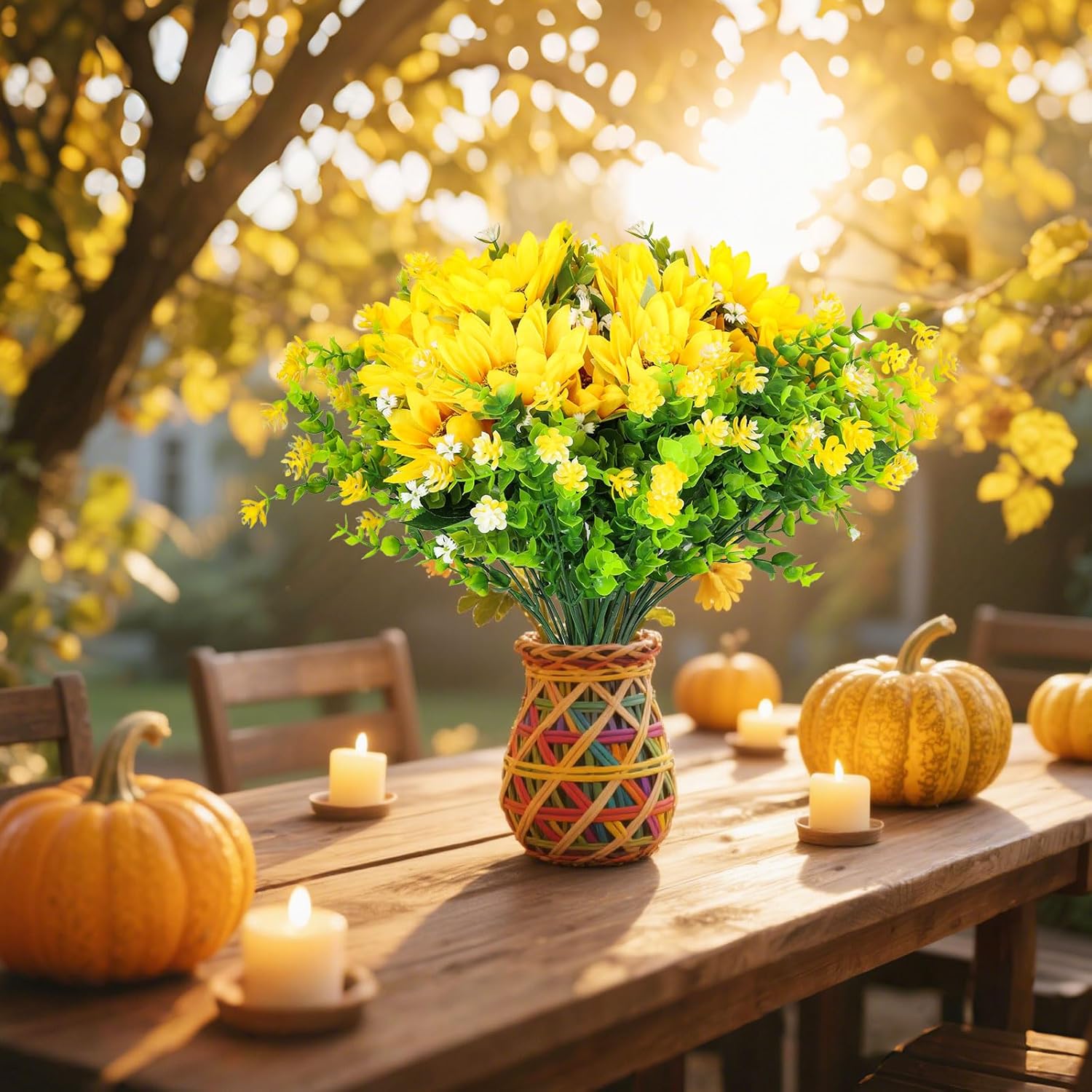 Sunflower Artificial Flowers For Outdoors, Indoor Fake Floral With Ground Spike For Door Yard Porch Patio Garden Window Box Office Table Kitchen Home Planter Pot Vase Flowerpot Yellow White (B)