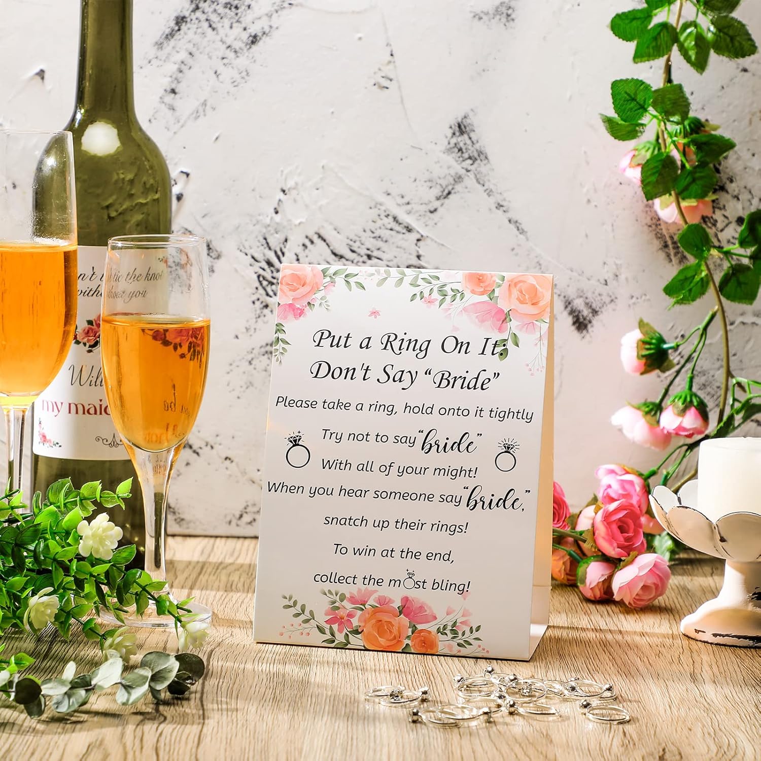 Put A Ring On It Bridal Shower Game With 50 Fake Rings, Rustic Greenery Theme Wedding Shower Games Wedding And Engagement Rings And Not Say Bride Rules Cards(Flowers,Silver)