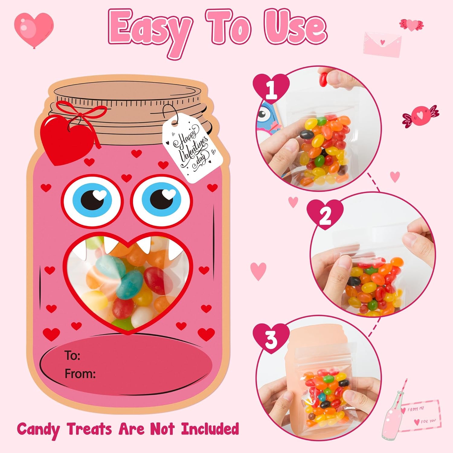 Mason Jar Valentines Day Cards - 48 Pack Monster Mason Jar Valentine Exchange Cards With Treat Bag Bulk For Kid, Funny Monster Exchange Gifts For Boys Girls Classroom Party(Candy Not Included)