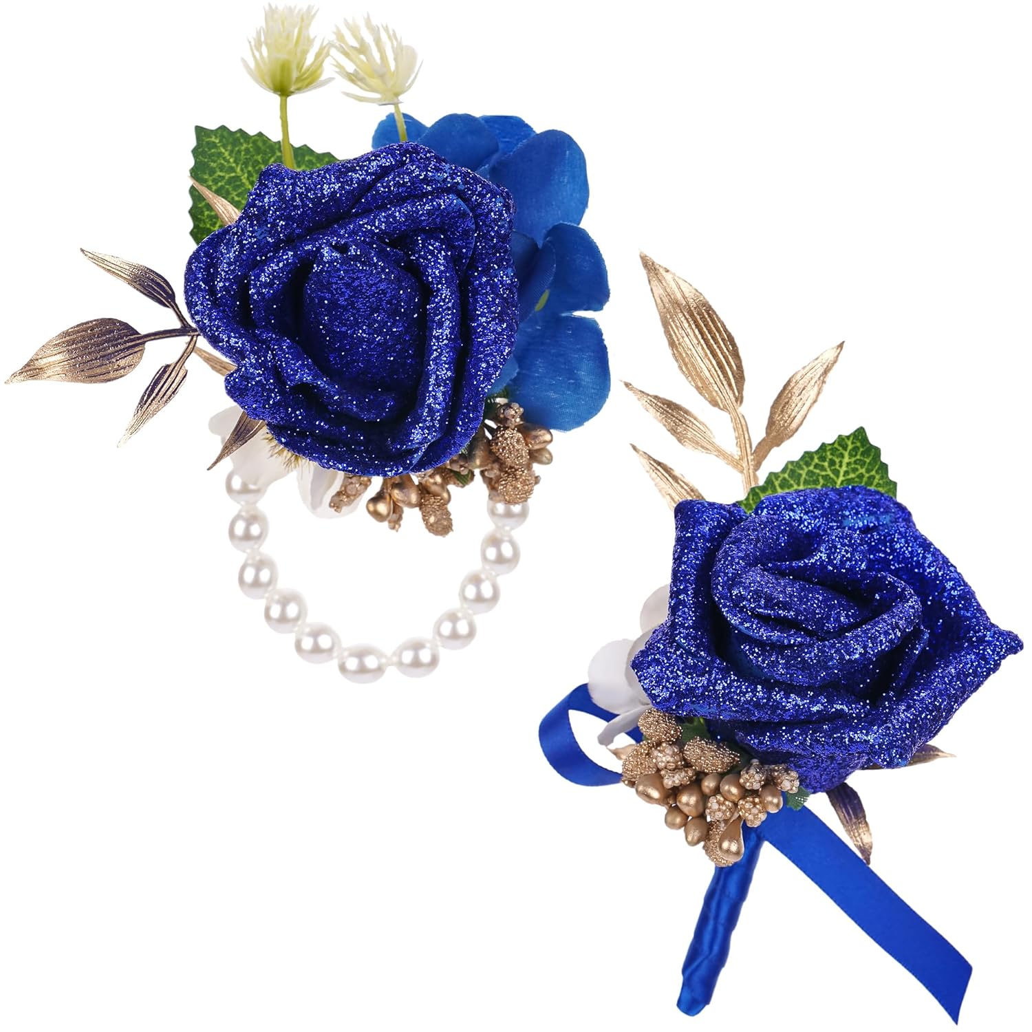 Blue Boutonniere And Cosrage Set - 2 Pcs Artificial Flowers Wrist Corsage And Boutonniere Kit For Wedding Prom Dinner Party, Boutonniere And Corsage Wristlet For Groom Bride Anniversary Ceremony