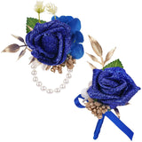 Blue Boutonniere And Cosrage Set - 2 Pcs Artificial Flowers Wrist Corsage And Boutonniere Kit For Wedding Prom Dinner Party, Boutonniere And Corsage Wristlet For Groom Bride Anniversary Ceremony