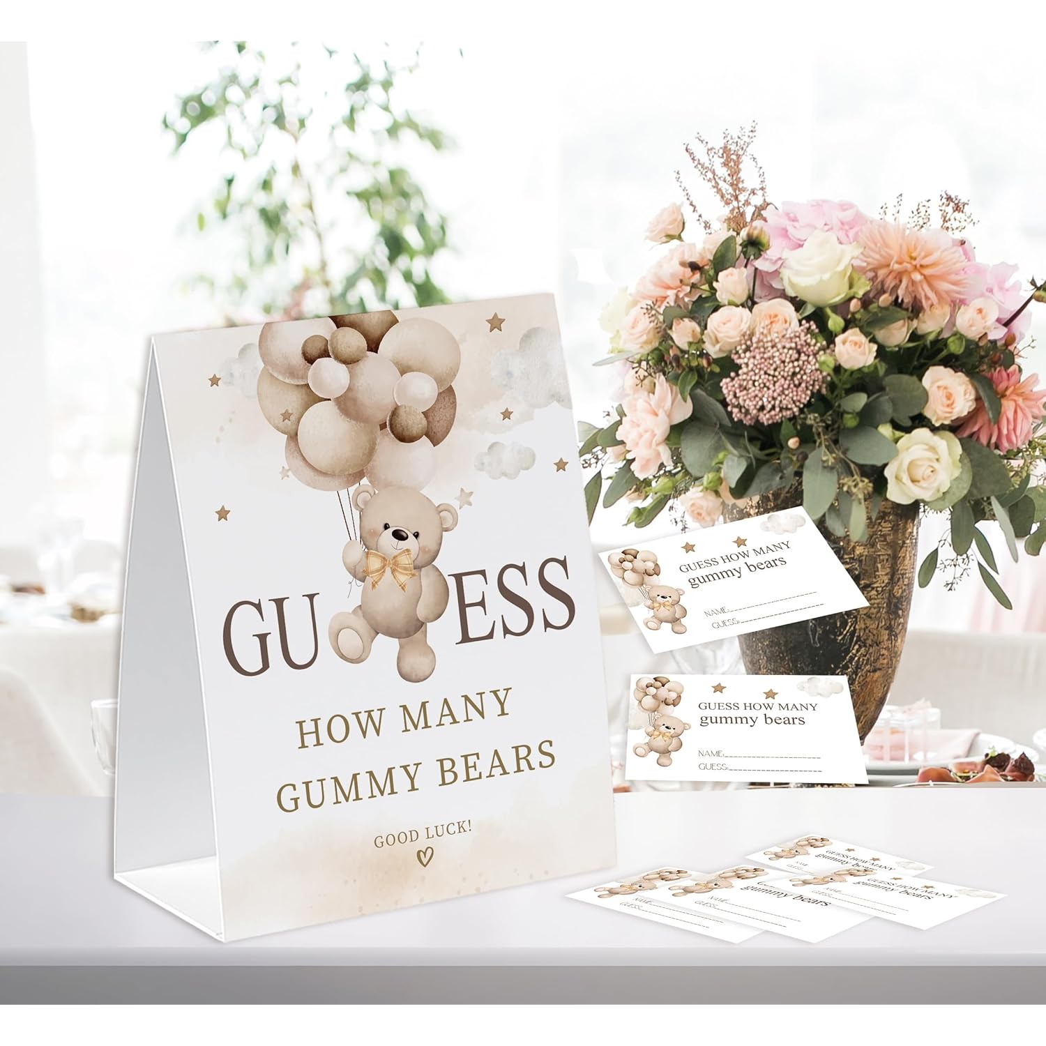 How Many Gummy Bears Baby Shower Game, How Many Candies Game Set (1 Standing Sign + 50 Guessing Cards), Bear Guessing Cards, Bear Themed Baby Shower Decorations-Gb01