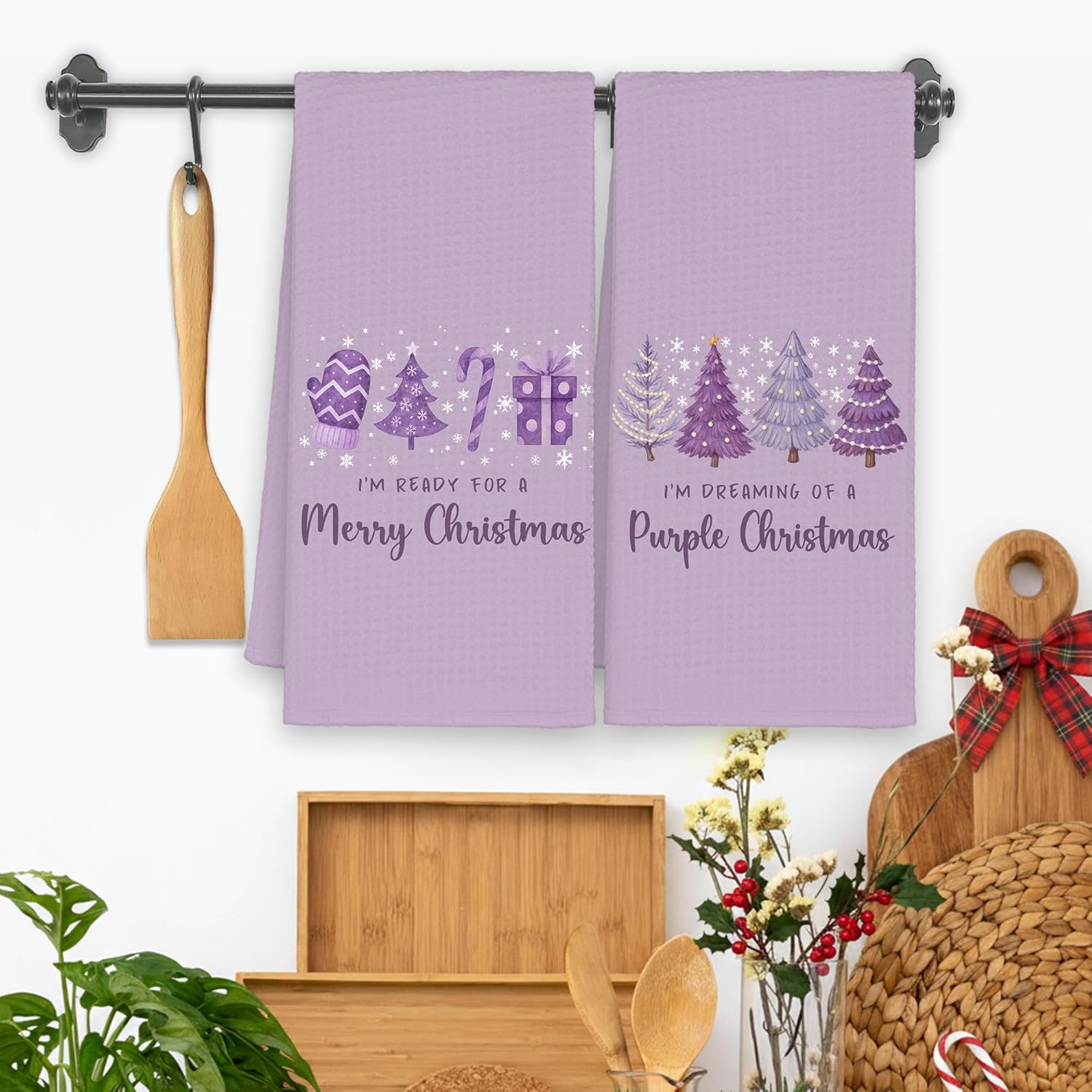 Purple Christmas Tree Kitchen Towels Set Of 2, I'M Dreaming Of A Purple Christmas Hand Bathroom Towels For Girly Room, Festive Preppy Decorative Dish Towels Decor For Dorm Dining Room 16X24In