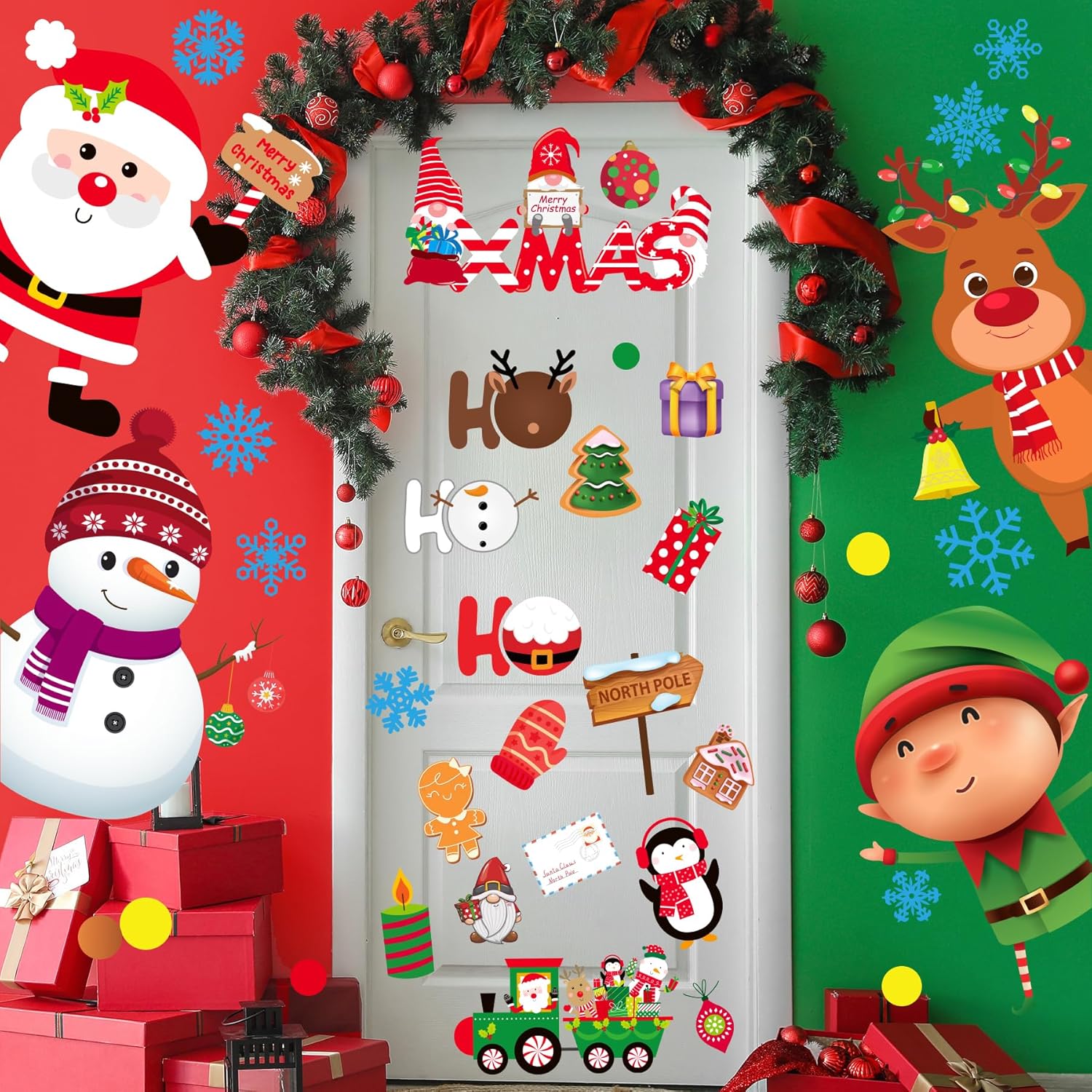 Christmas Door Wall Sticker Decal Removable Large Snowman Santa Reindeer Elf Door Decor Xmas Classroom School Office Bedroom Wall Decoration With Snowflake Merry Christmas Holiday Winter Decor