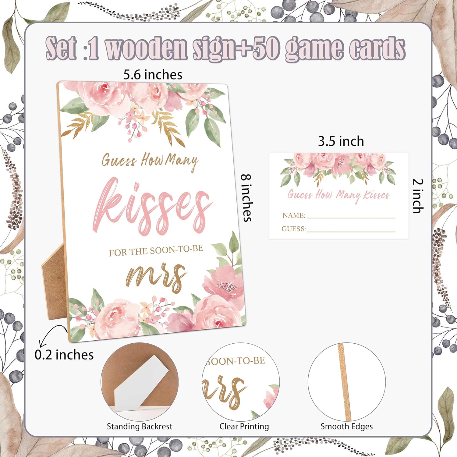 How Many Kisses Bridal Shower Games, How Many Kisses For The Soon To Be Mrs, 1 Wooden Sign With 50 Cards, Pink Flowers Guessing Game For Wedding, Bachelorette Party, Engagement Decoration