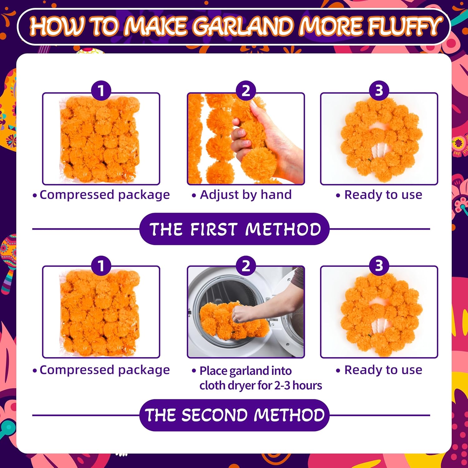 6 Pcs 5 Feet Long Strands Marigold Flowers Garland With Pendant Indian Wedding Decoration Artificial Decorations For Altar Faux Flower For Diwali, Pooja, Bush Floral Party (Orange)