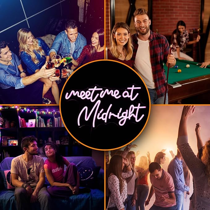 Meet Me At Midnight Neon Sign Pink LED Wall Light Dimmable USB Powered Bedroom Party Bar Decor 16.5 x 8.7 Inch