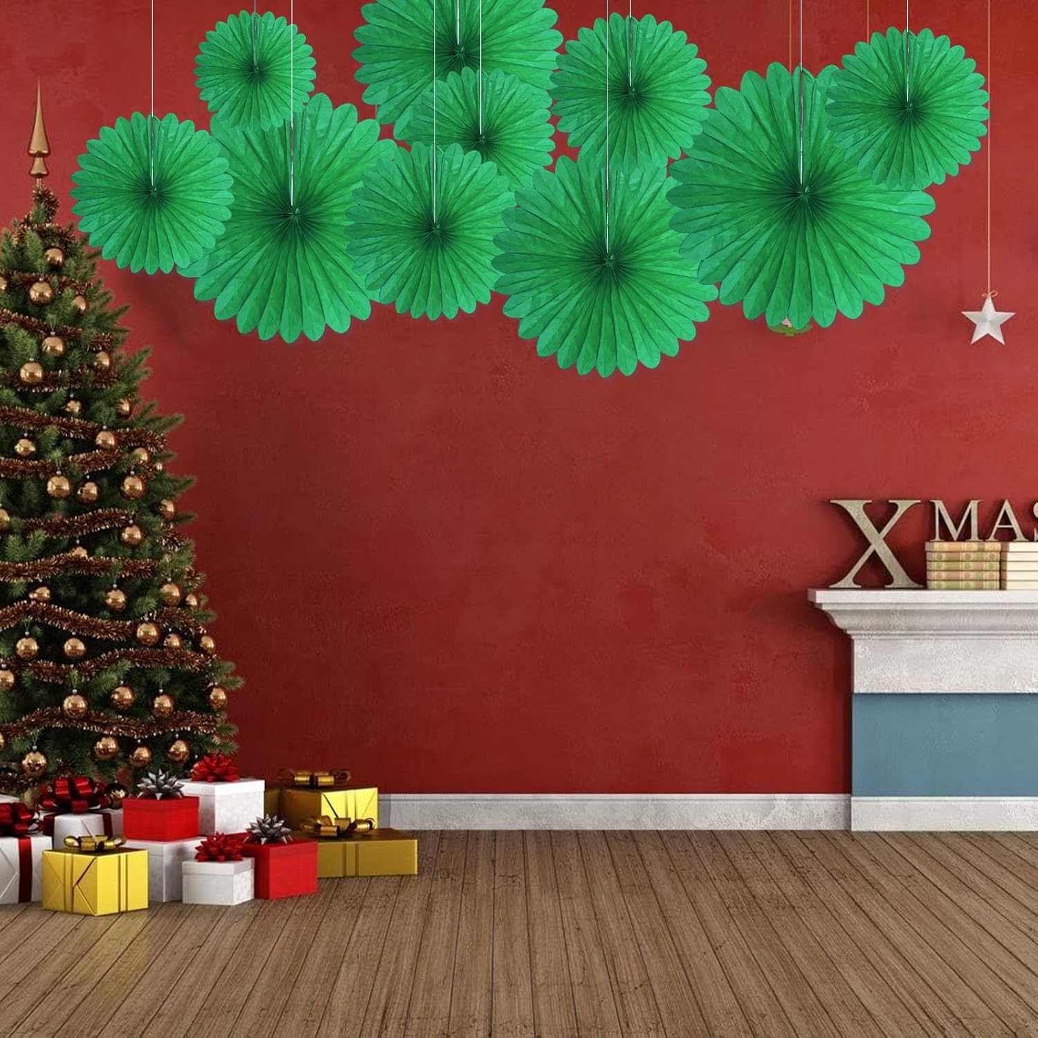 20 Pcs Green Hanging Paper Fan, Hanging Honeycomb Round Paper Fans For Weddings, Birthdays, Christmas, Baby Showers, Classroom, Events Ceiling Party Supplies Decorations