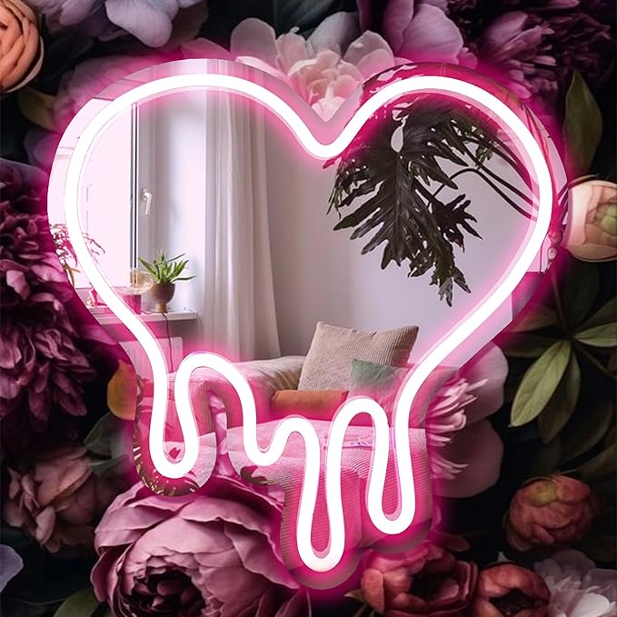 Heart Neon Sign with Mirror Pink USB LED Wall Light for Bedroom Girls Room Party Decor