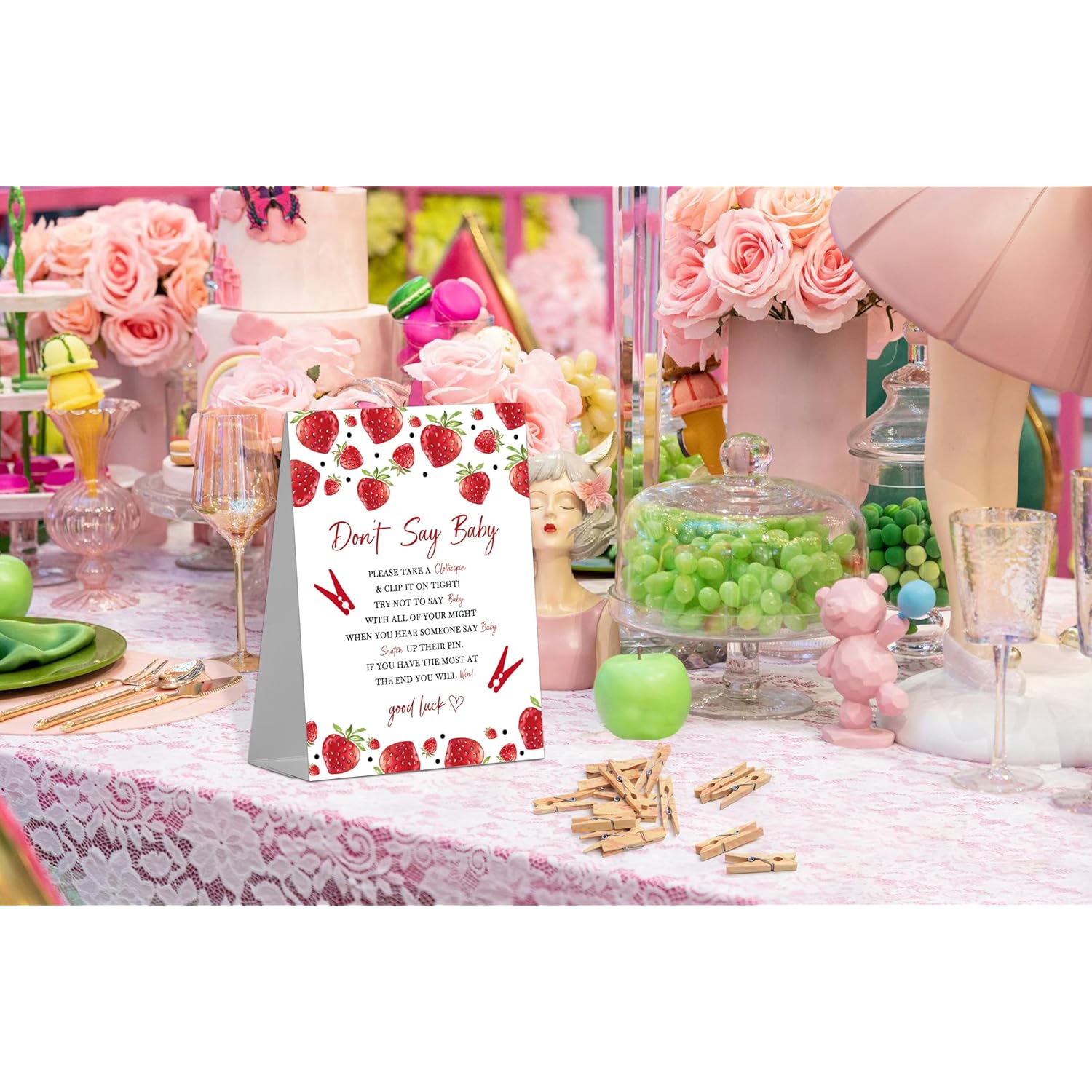 Don'T Say Baby Game Sign With 50 Mini Clothespins For Strawberry Baby Shower, Gender Reveal Party Decorations, Party Favors Supplies (Mq-1-14)