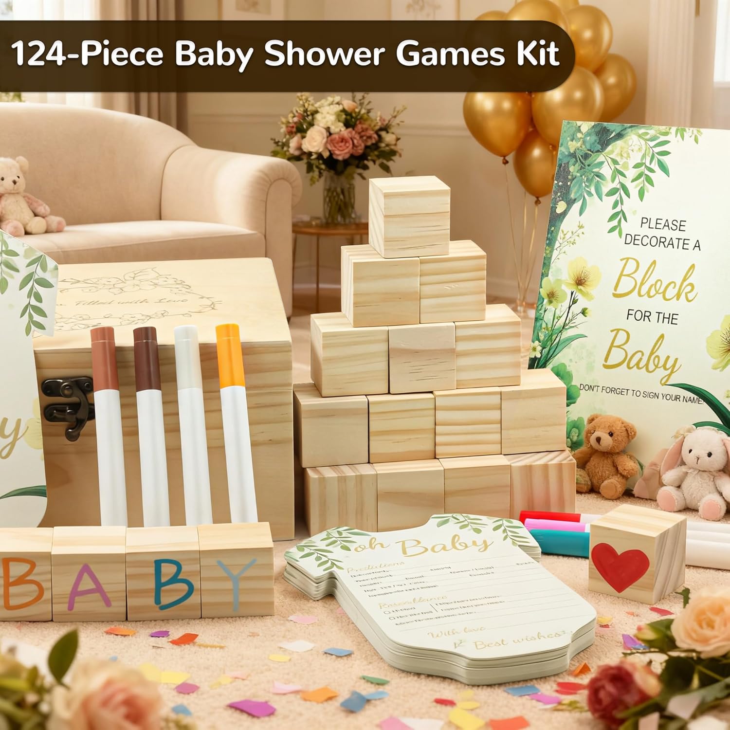 124-Piece Baby Shower Games Kit With Wooden Blocks, Prediction Cards, And Acrylic Paint Pens – Creative Baby Shower Activities, Decorations, And Keepsakes For Gender Neutral Parties (Light Wood)