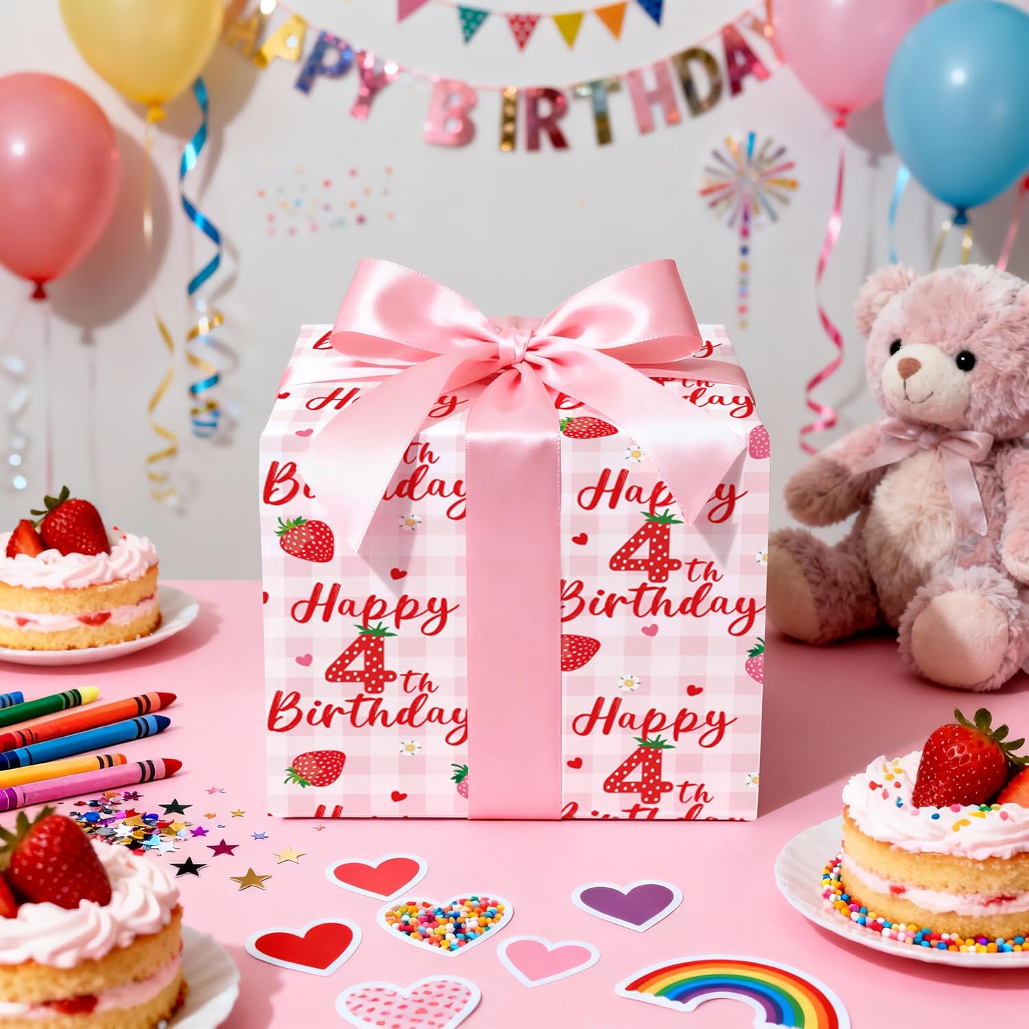Happy 4Th Birthday Wrapping Paper Roll, Strawberry & Pink Gingham Gift Wrap For Girl’S Fourth Birthday Party, Toddler Age4 Decorations & Presents, Mini Roll 17 In X 16.4 Ft
