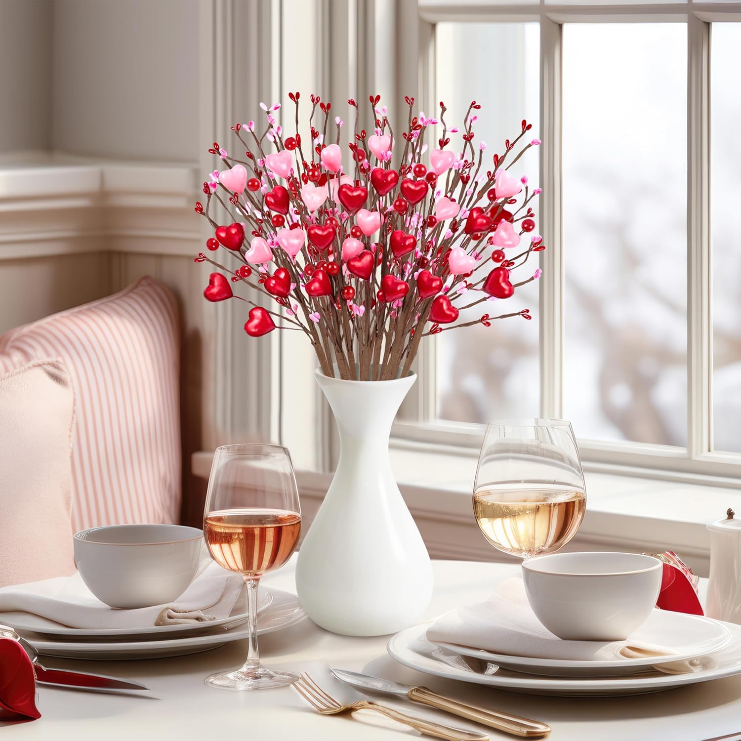 26Pcs Valentines Decorations Day Artificial Flowers Picks Decor - Berry Stems With Red Pink Heart Gifts For The Home Table Centerpieces - Style 2