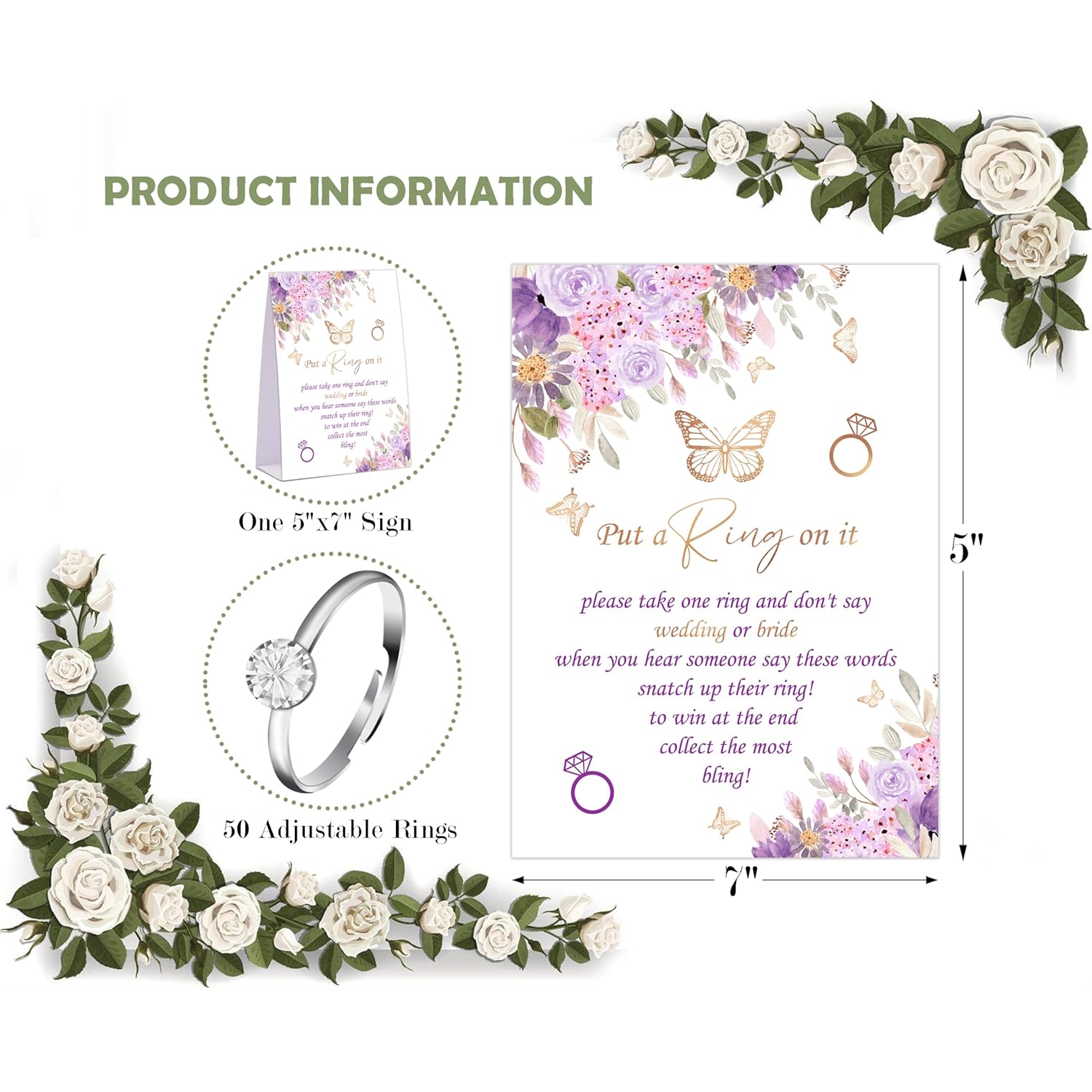 Butterfly Don'T Say Bride Or Wedding Game, Put A Ring On It Bridal Shower Game With 50 Fake Rings, Bridal Shower Decorations, Wedding Shower Or Bachelorette Party Supplies - 10