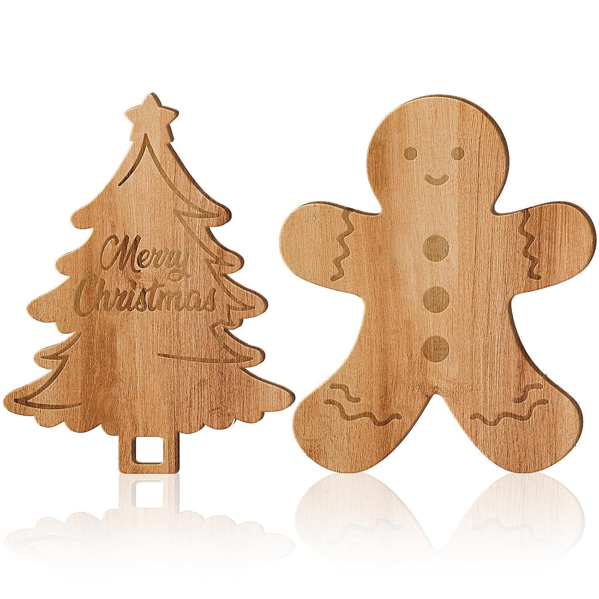 2Pcs Merry Christmas Tree & Gingerbread Man Wooden Cutting Board With Handle - Xmas Charcuterie Board For Kitchen, Cheese, Fruit, Bread, Salad, Vegetable, Snack, Dessert