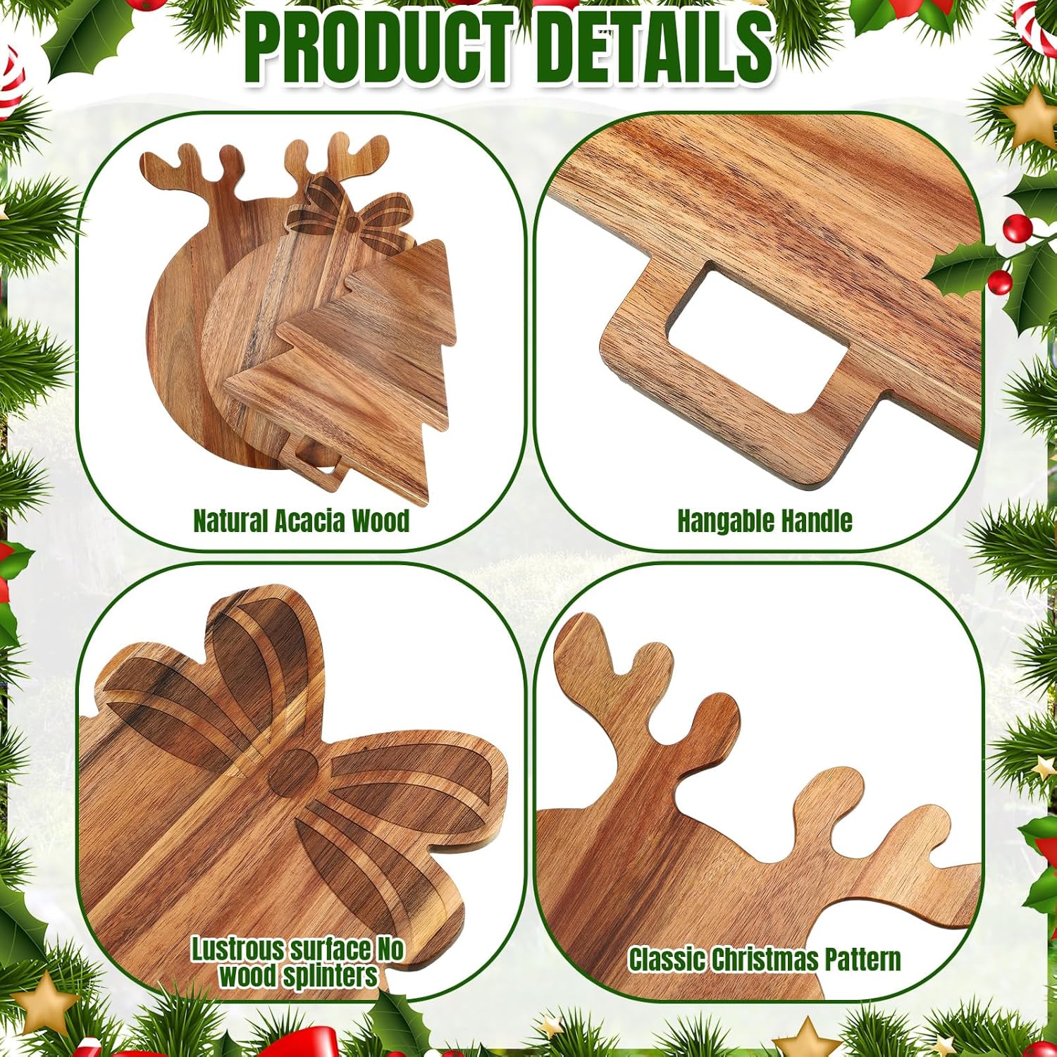 3 Pcs Christmas Cutting Board Charcuterie Board Xmas Tree Antler Wreath Handle Acacia Wood Large Round Decorative Serving Tray For Pizza Bread Cheese Fruit Gift For Christmas