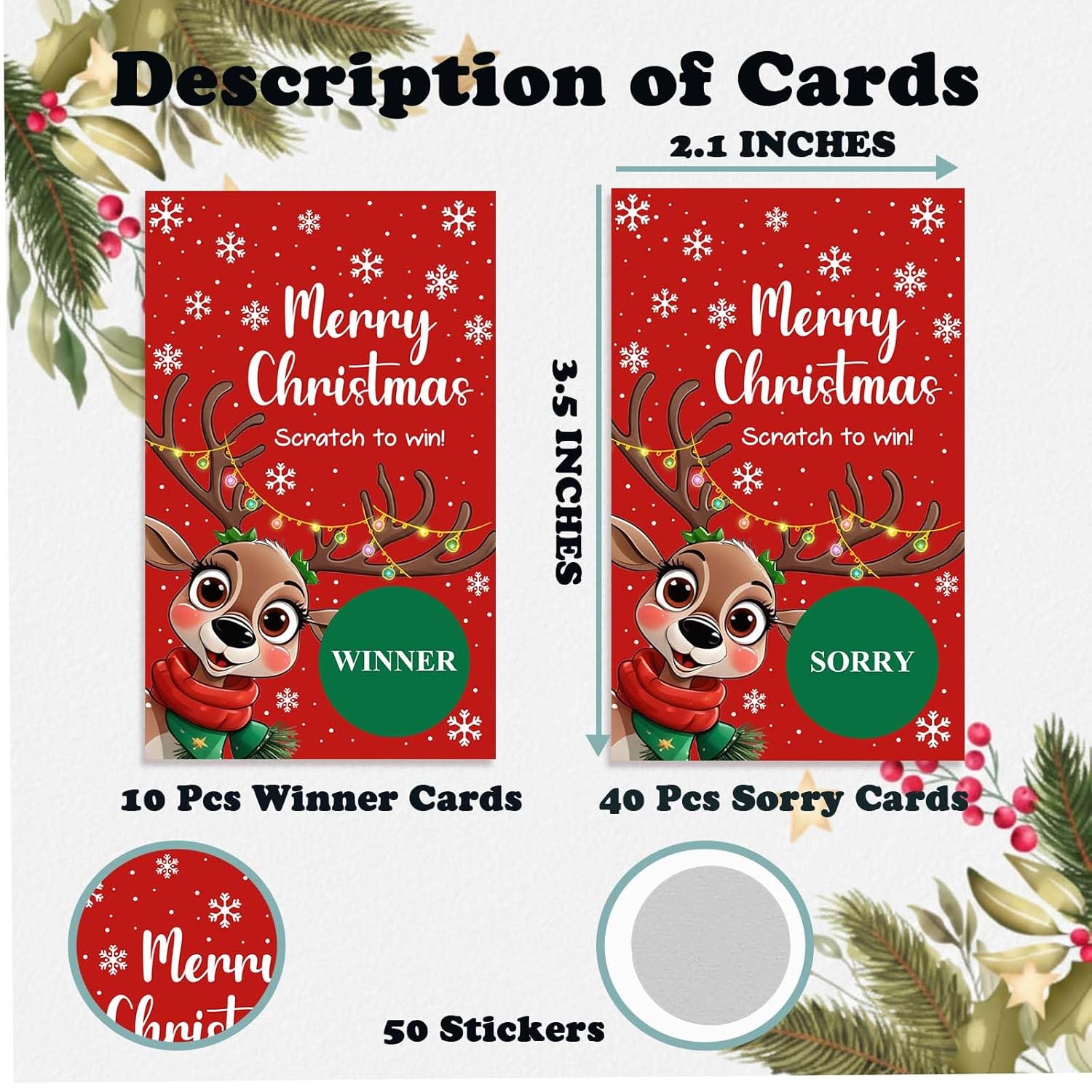 Reindeer Scratch Off Game Cards, 50-Pack Christmas Scratchers For Family Fun, Classroom Prizes, Ice Breaker - A02