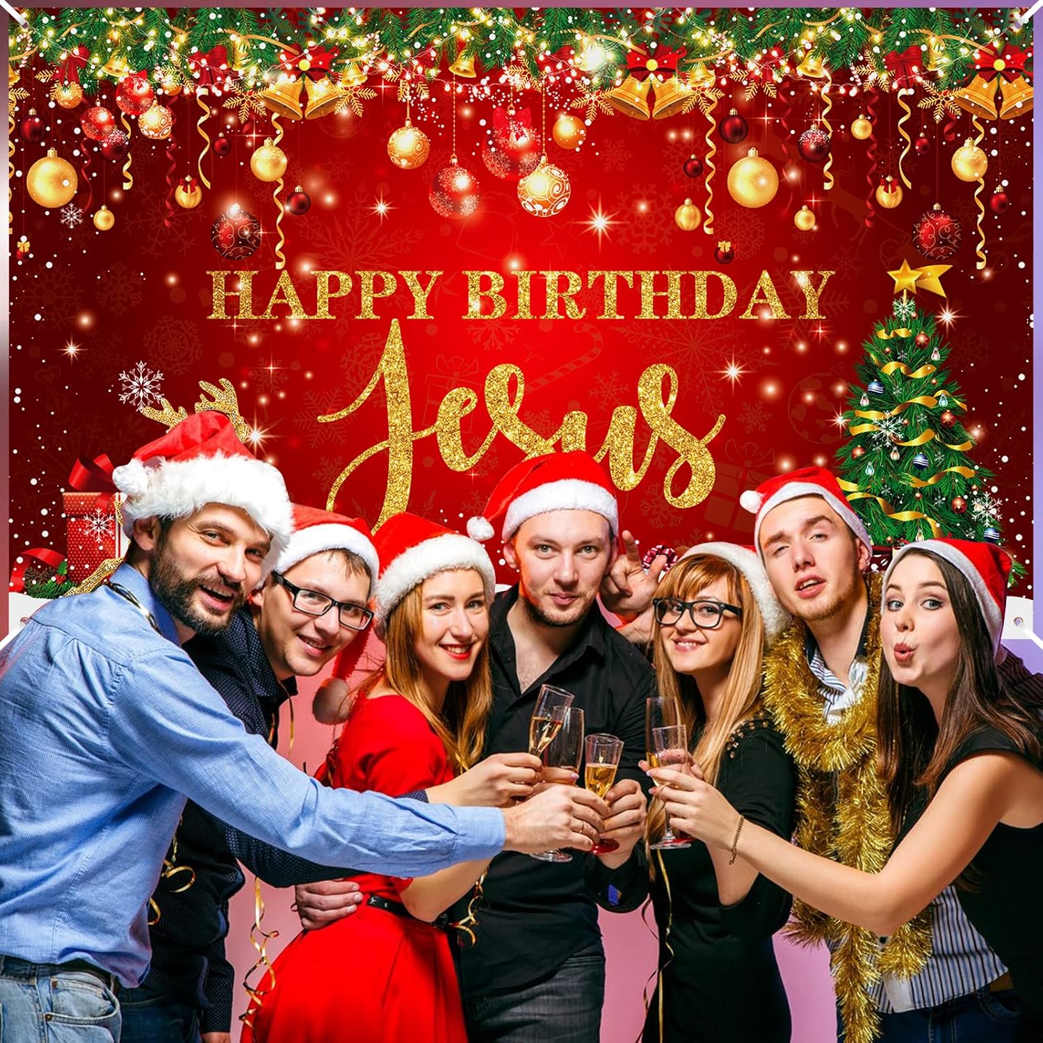 Happy Birthday Jesus Party Decorations Banner - Red Christmas Jesus Birthday Party Supplies For Indoor/Outdoor Decor