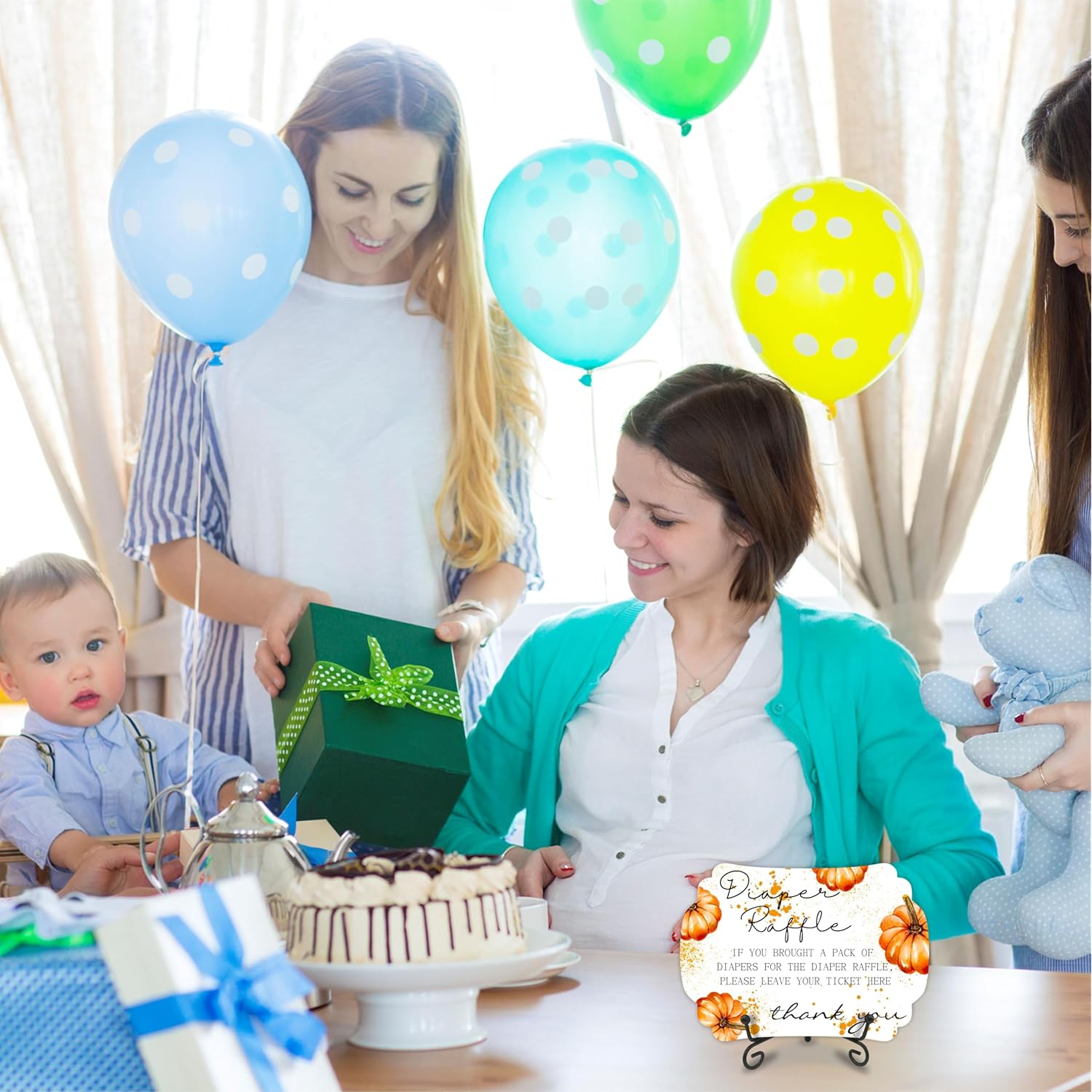 Autumn Diaper Party Game Set,Pumpkin,50 Pcs Diaper Raffle Tickets, 1 Wooden Sign & 1 Iron Stand, Gender Neutral Baby Shower Game Kit For Boys & Girl, Newborn Baby, Party Favor & Supplies - B03