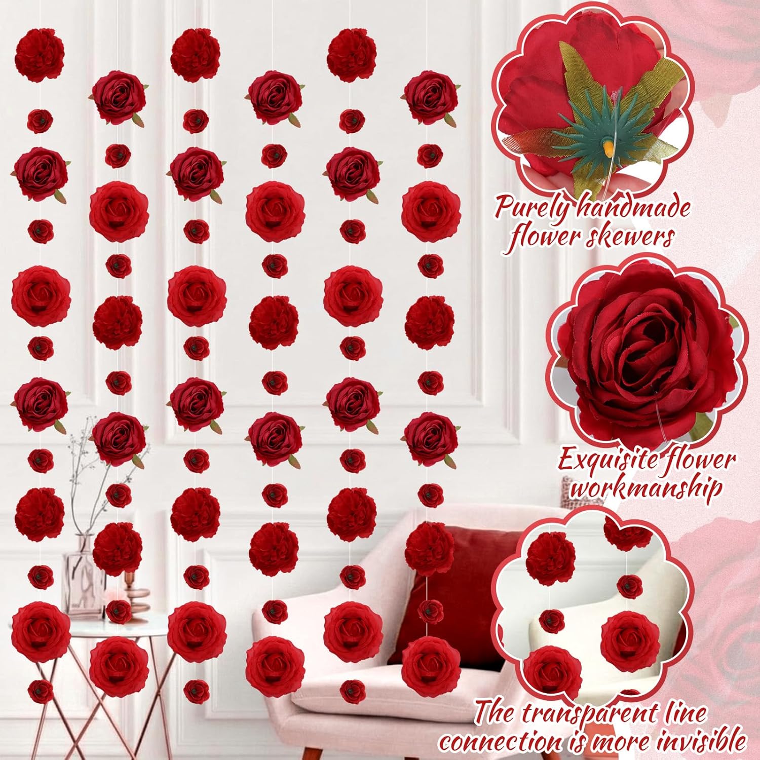 12 Pcs Valentine'S Day Artificial Flower Garlands 6.6 Ft Hanging Rose Decorations With Hooks Wildflower Backdrop Fake Floral Garlands Faux Silk Flower For Wedding Birthday Party(Red)