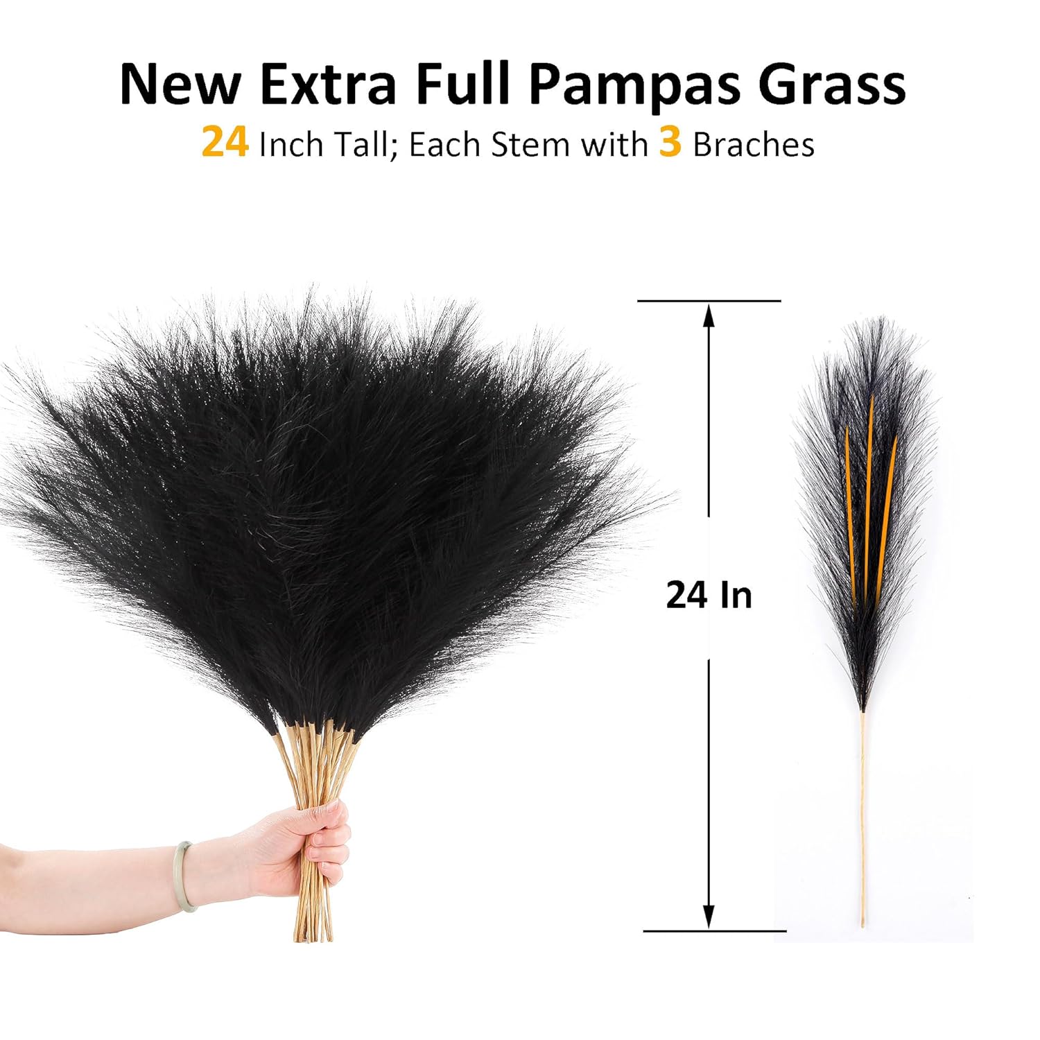 Black Faux Pampas Grass Extra Full, 24'' Tall 30 Stems With 90 Branches Artificial Pampas Grass Boho Decor, Artificial Flower Arrangements For Wedding Centerpieces, Vase Filler