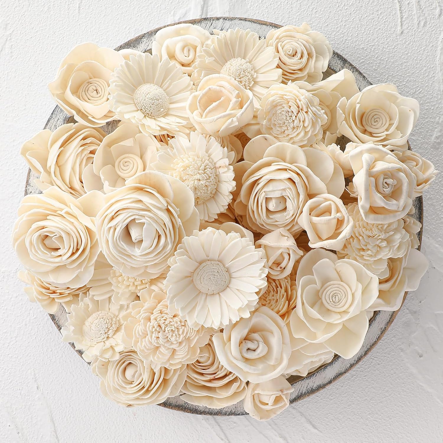 Set Of 50 Diy Sola Wood Flowers Assortment Small Craft Wooden Flowers Fake Flower Bulk For Wedding Home Decorations Diy Bouquet 1.38-1.77 Inch(Classic,Cream White)