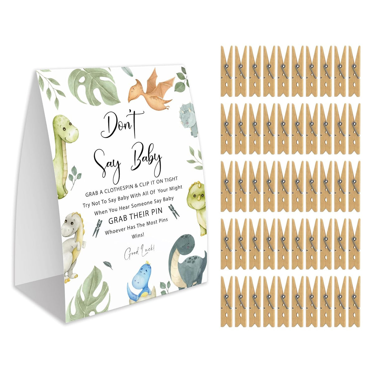 Don'T Say Baby Game For Baby Shower, 50 Wooden Clothespins And One Sign, Cartoon Dinosaur Theme, Pins For Baby Shower Decorations, Gender Reveal Games, Baby Shower Supplies-Bb27