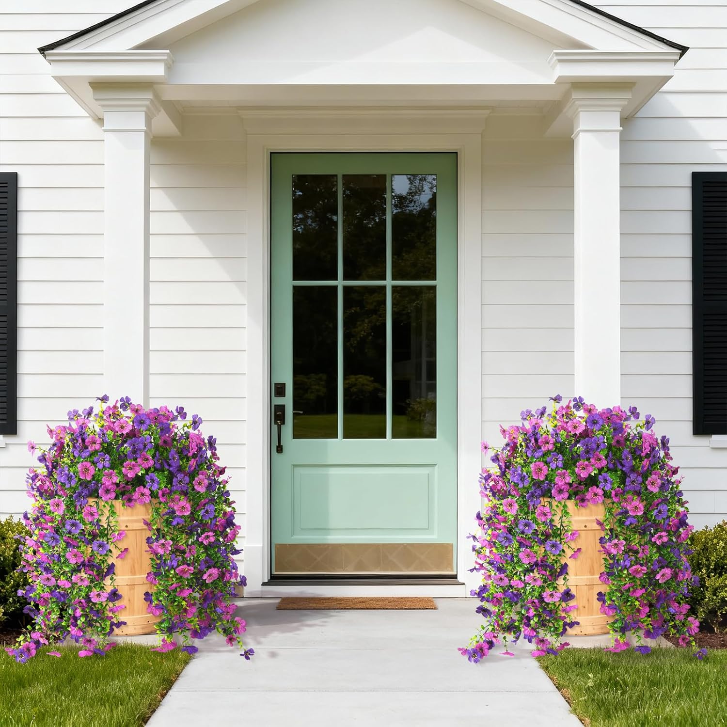 Artificial Hanging Flowers For Outdoor, 2Pcs Fake Flowers Faux Silk Daisy With Eucalyptus Leaves, Uv Resistant Aritificial Flowers For Spring Home Patio Yard Porch Decor (Double Purple)