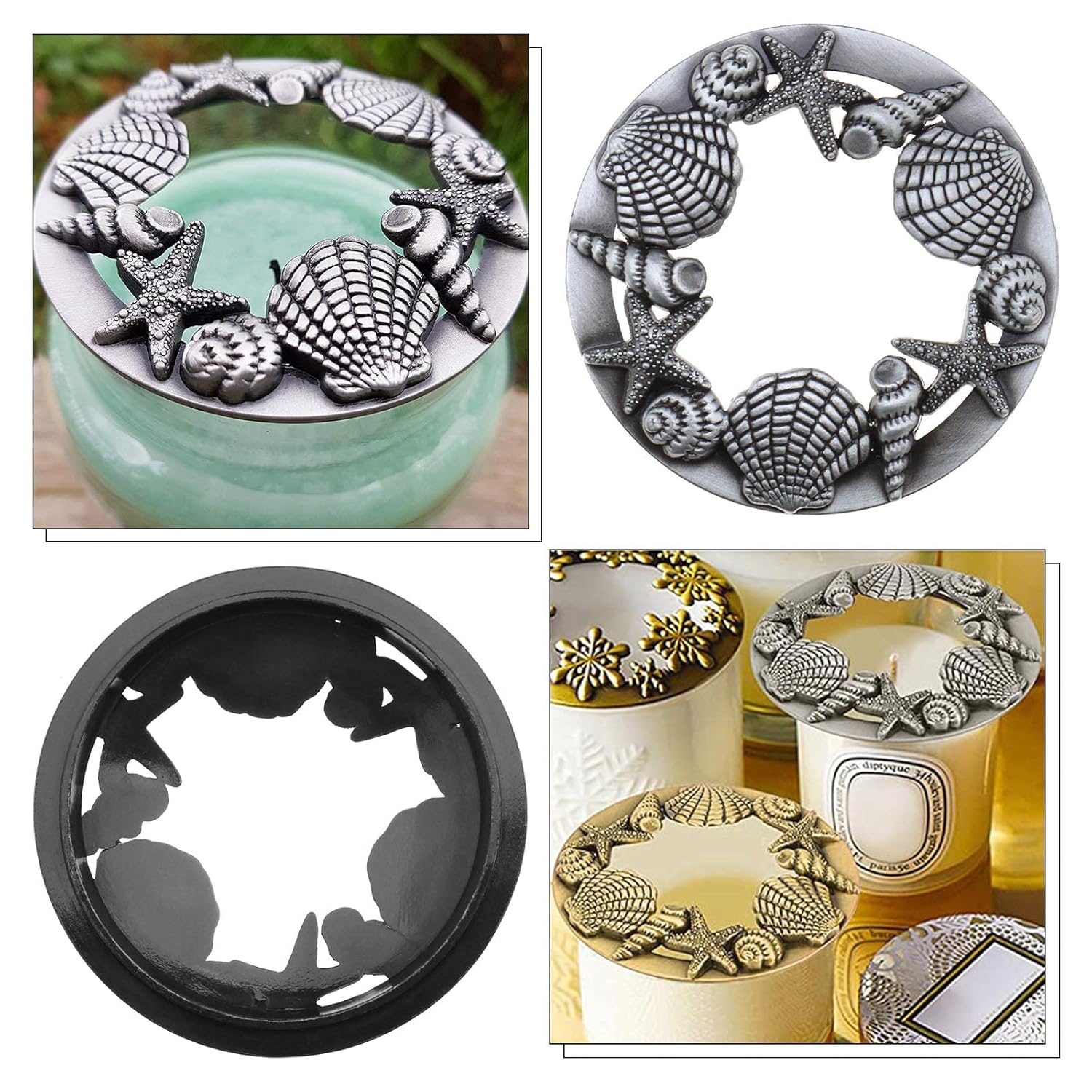 Candle Toppers Candle Lids Jar Candle Shades Antique Shell Starfish Pattern Candle Toppers Lids Candle Accessories Shades Silver