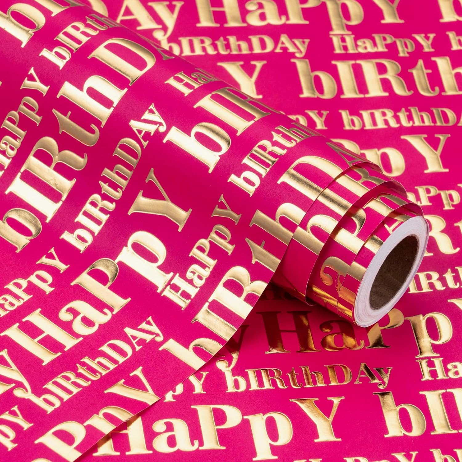 3D Kraft Birthday Wrapping Paper Roll - Mini Roll - 17 Inch X 16.5 Feet - Gold And Hot Pink Happy Birthday Wrapping Paper With Embossed Perfect For Girls Women, Holiday, Party