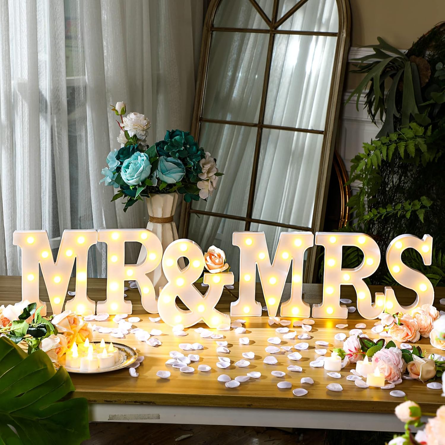 6 Pcs Mr And Mrs Led Sign 12 Flameless Led Candles 300 Artificial Rose Petals Neon Mr And Mrs Sign For Wedding Table Heart Romantic Candles Light Up Letters For Romantic Night Decor(White)