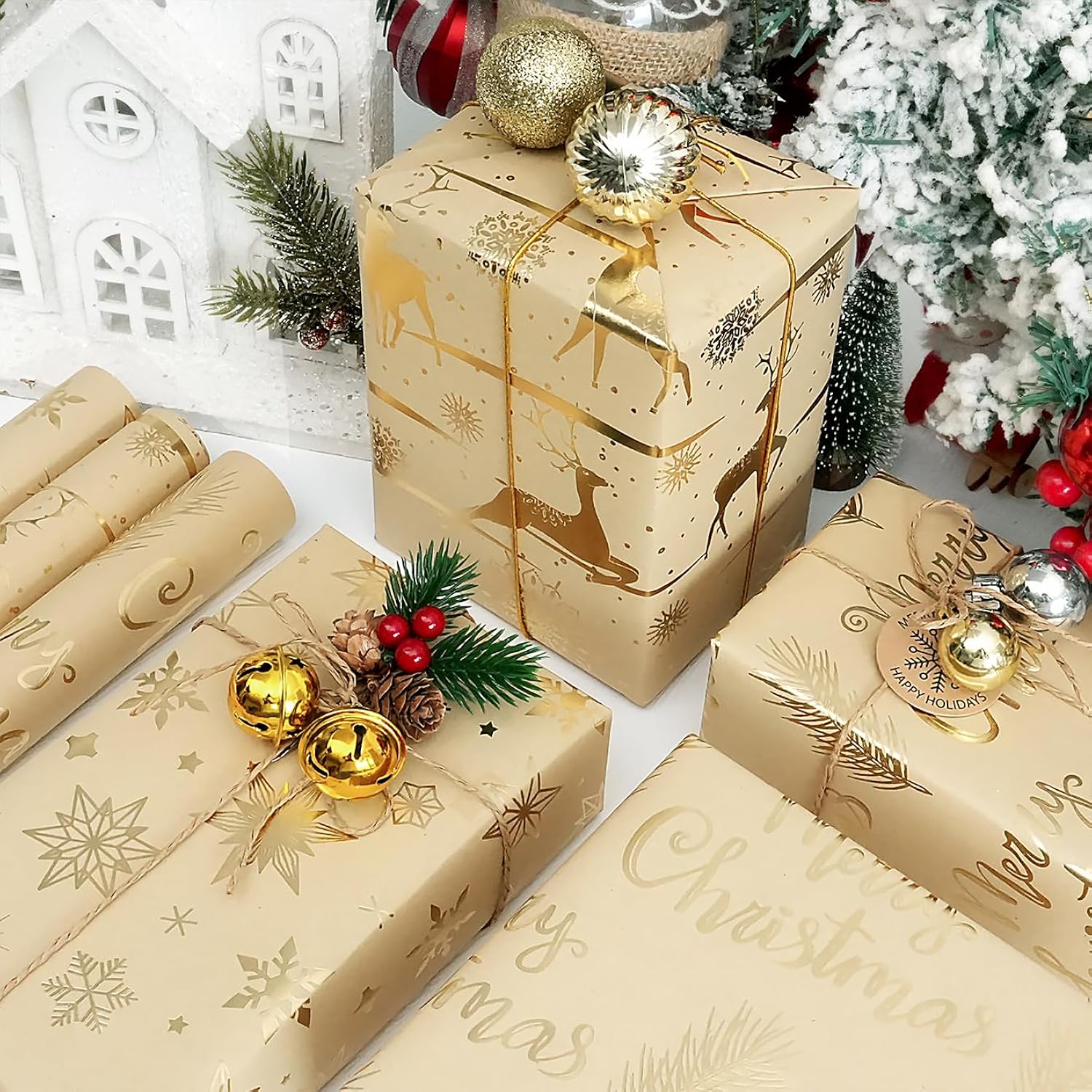 Christmas Wrapping Paper Roll, 3 Rolls Xmas Kraft Wrapping Paper, Brown Gold Foil “Merry Christmas” Leaves Snowflake Reindeer Design Gift Wrapping Paper For Christmas, New Year, Spring Festival, Holiday Party - 17 Inch X 120 Inch Each Roll