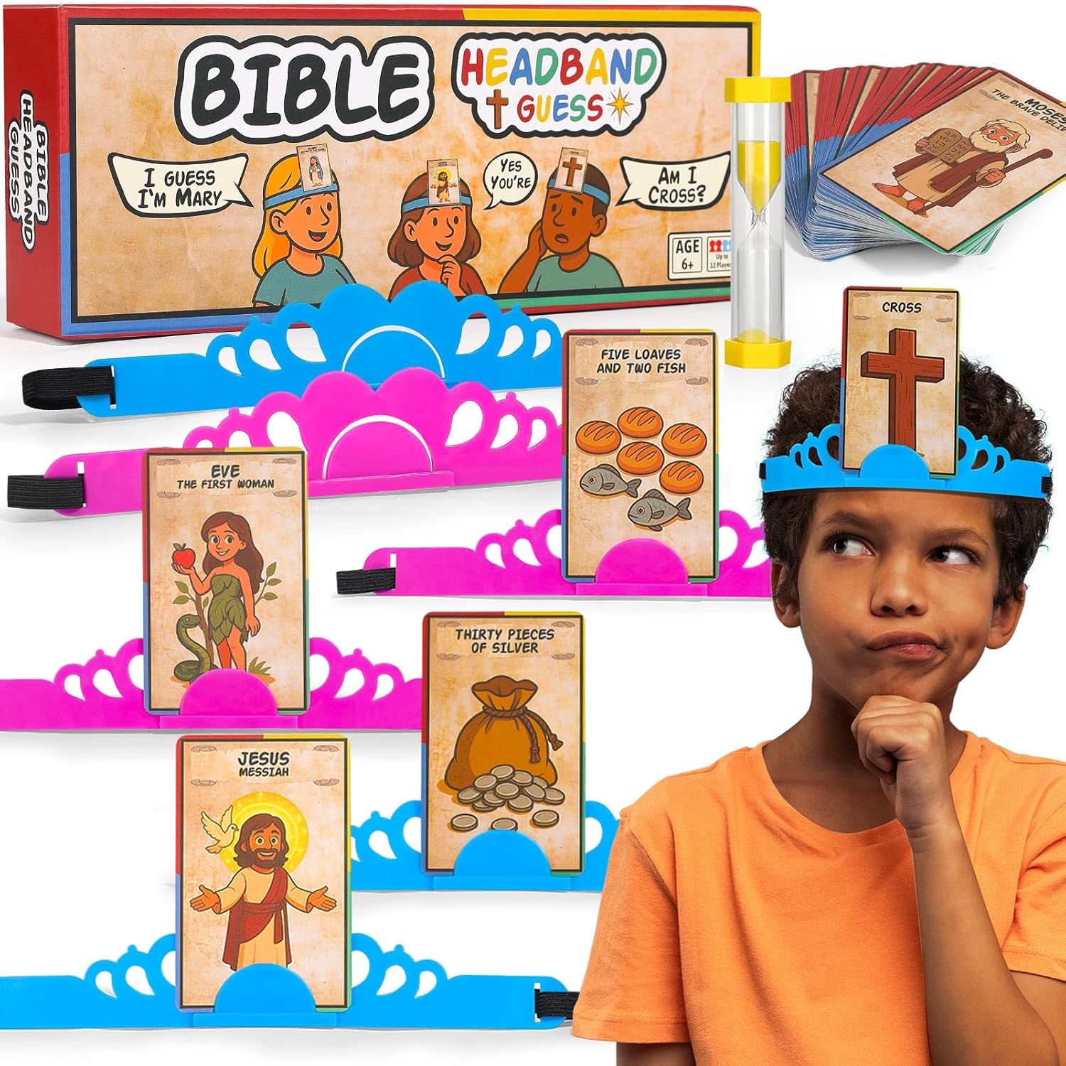 Bible Headbands Board Game For Kids, Bible Character & Item Guess Games, 66 Picture Keyword Cards W/Bible Stories & Verses, Biblical Who Am I Toys For Family Nights, Christian Easter Gifts