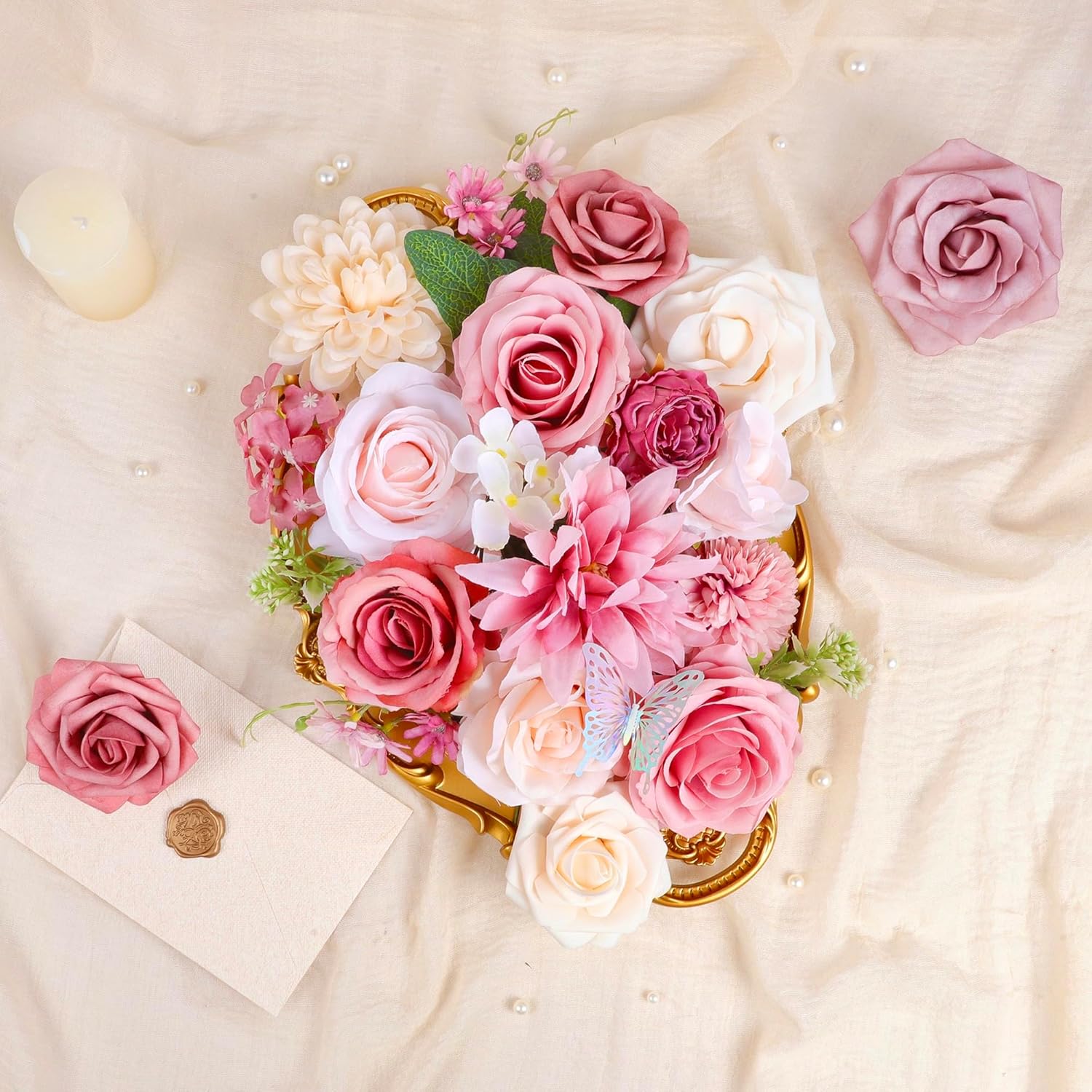 Rose Artificial Flowers Combo, Pink Flowers Dusty Rose Silk Flowers With Stems For Diy Bridal Wedding Bouquets Floral Arrangements Table Centerpieces Party Baby Shower Home Decor