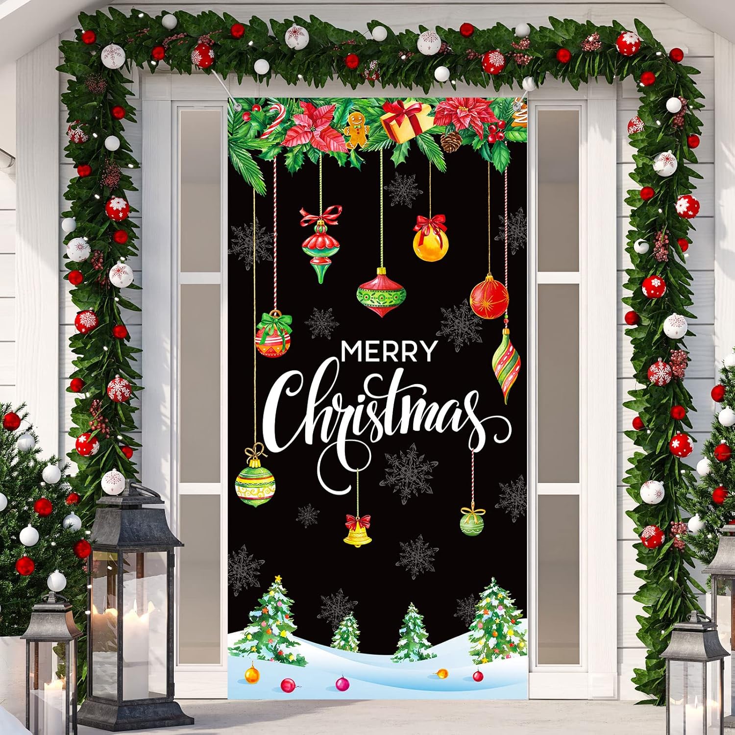 Merry Christmas Door Cover 35 X 71 Inch Christmas Ball Door Cover Backdrops Xmas Tree Banner Background Xmas Snowflake Porch Hanging Decorations(Black)