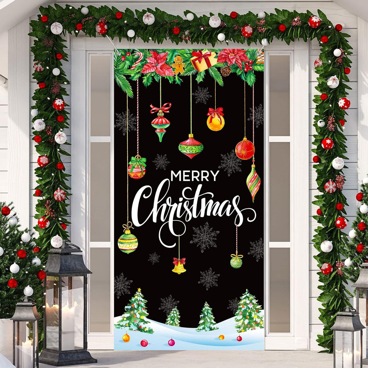 Merry Christmas Door Cover 35 X 71 Inch Christmas Ball Door Cover Backdrops Xmas Tree Banner Background Xmas Snowflake Porch Hanging Decorations(Black)